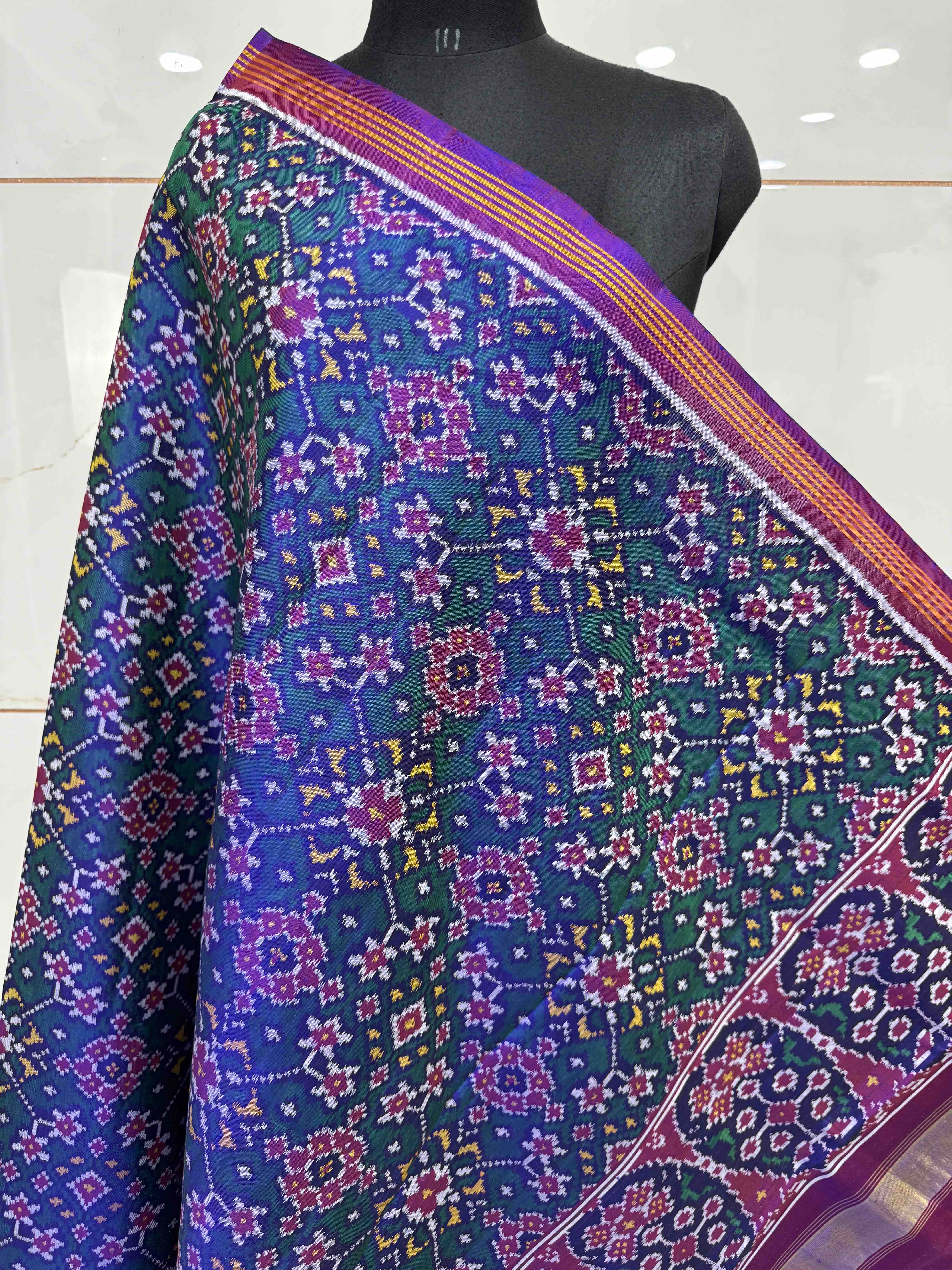 Purple & Peacock Green Navratan Semi Double Ikat Patola Dupatta