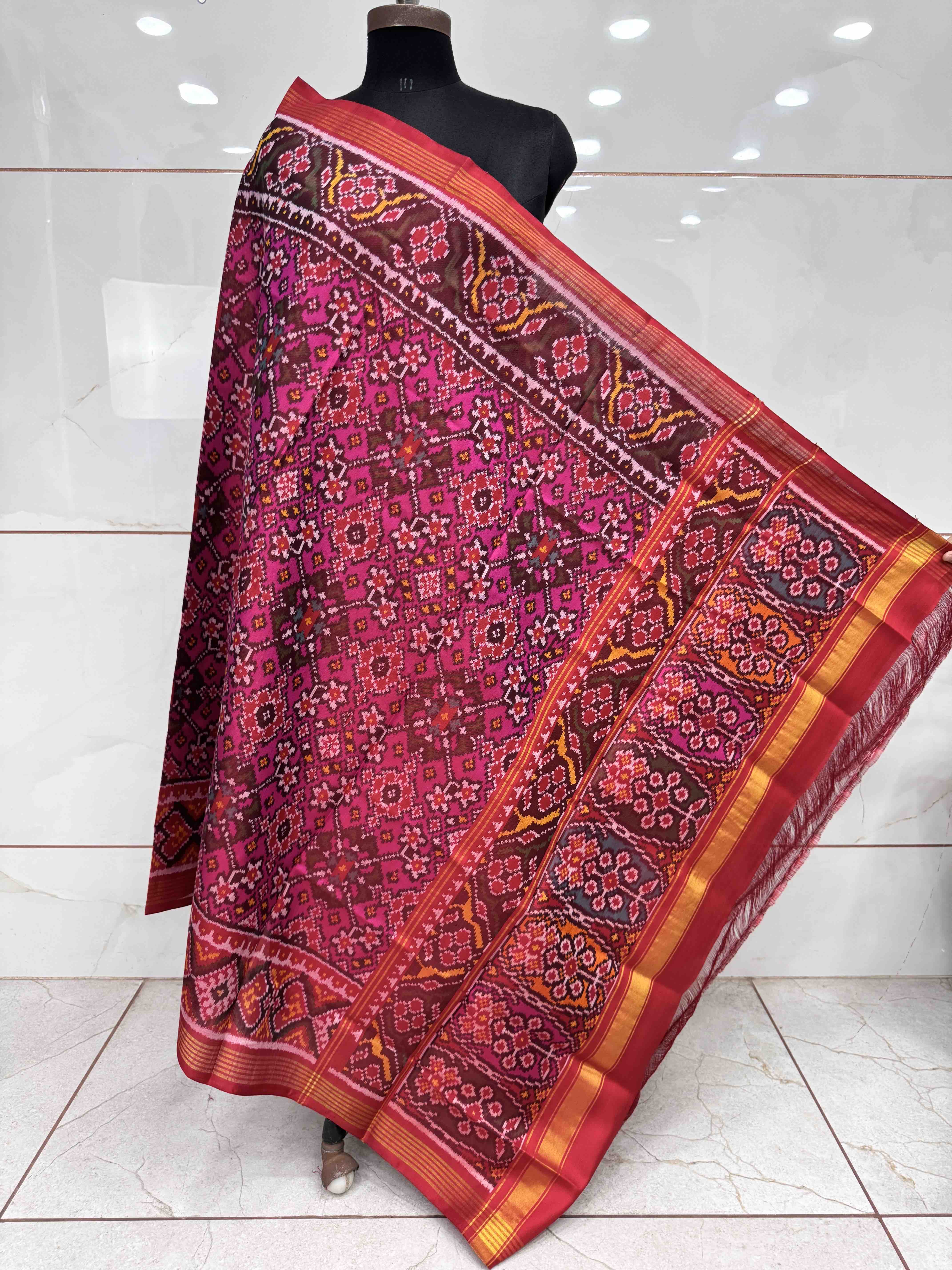 Red & Pink Navratan Semi Double Ikat Patola Dupatta