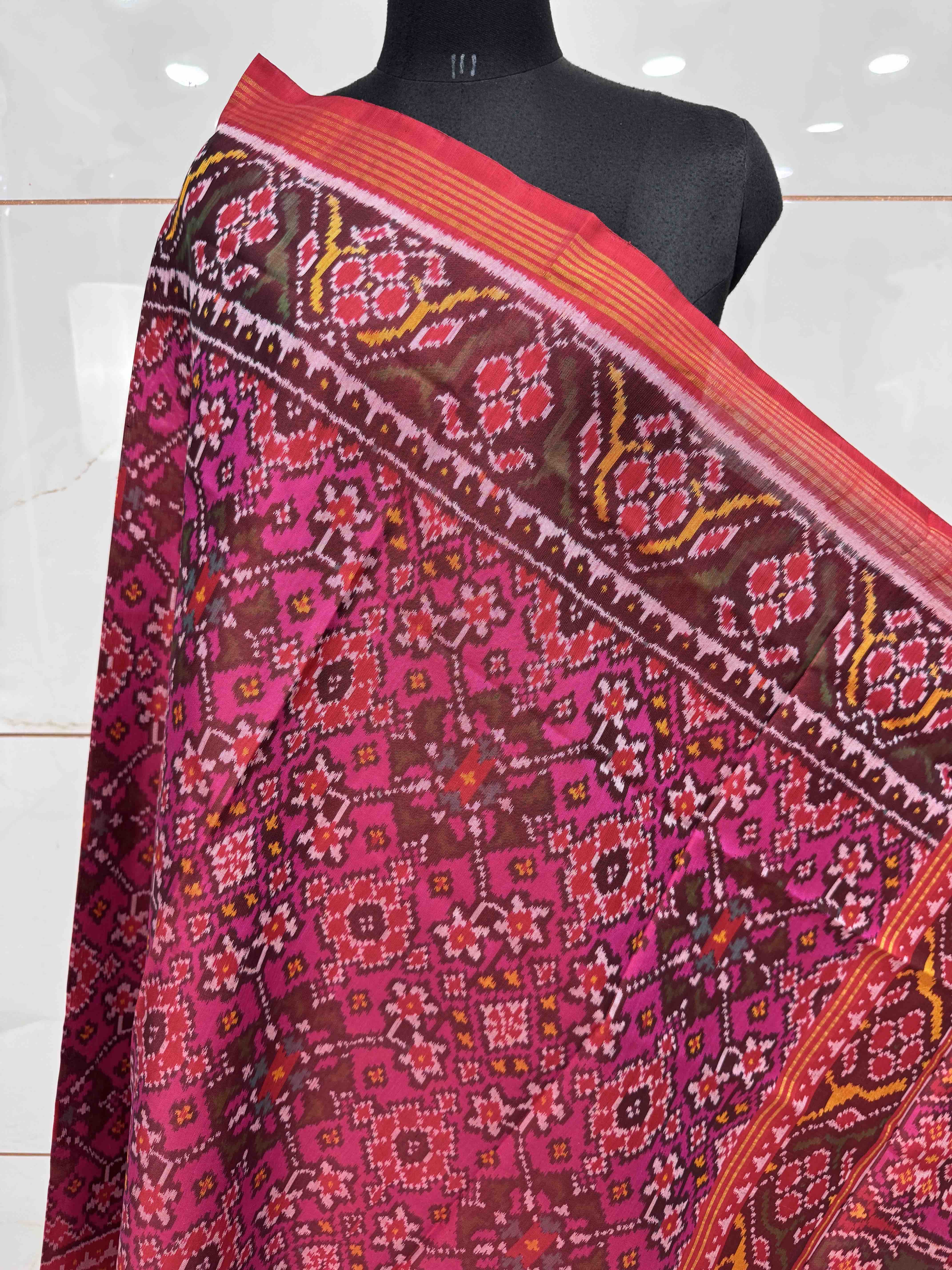 Red & Pink Navratan Semi Double Ikat Patola Dupatta