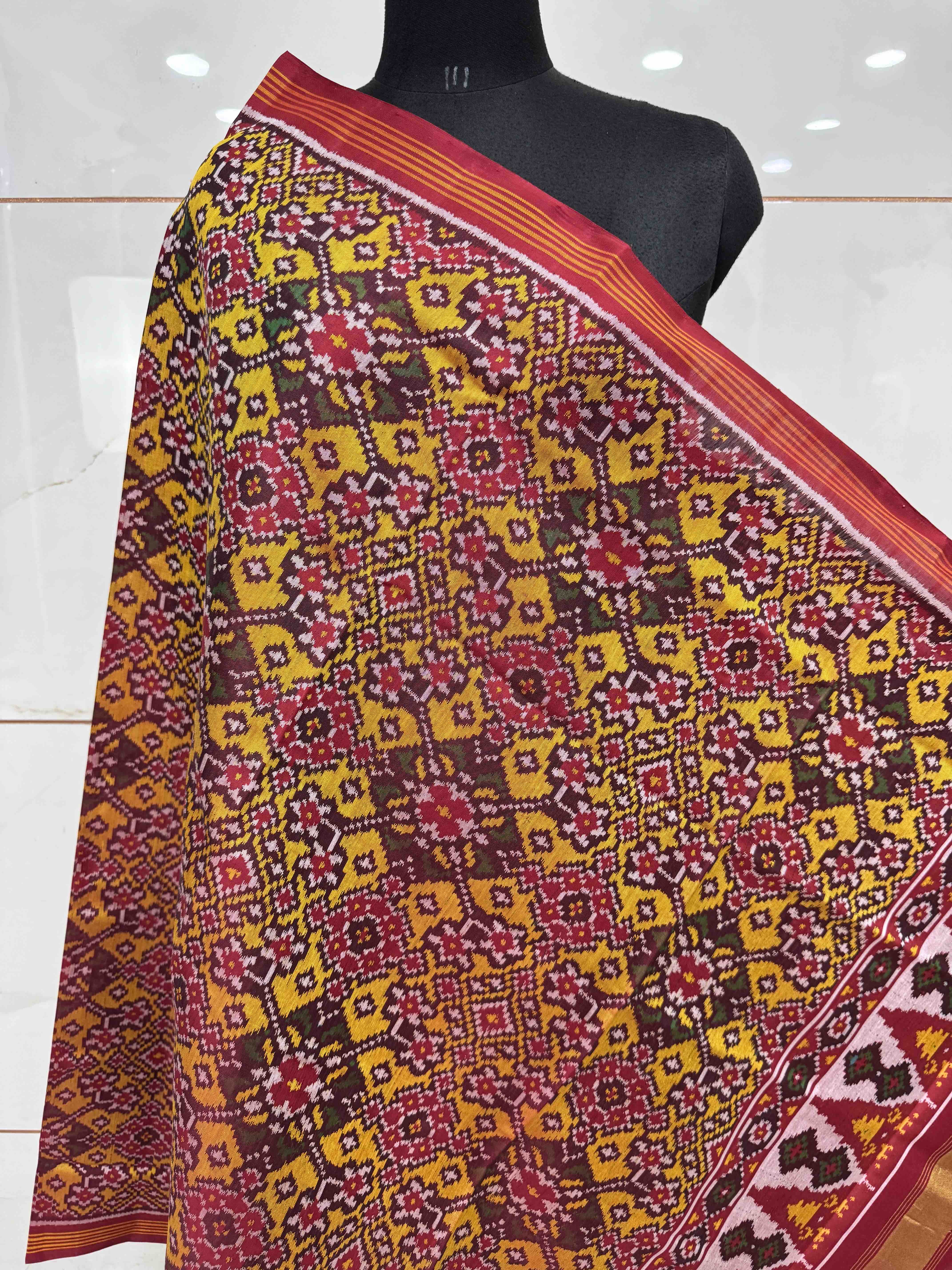 Red & Yellow Navratan Semi Doulble Ikat Patola Dupatta