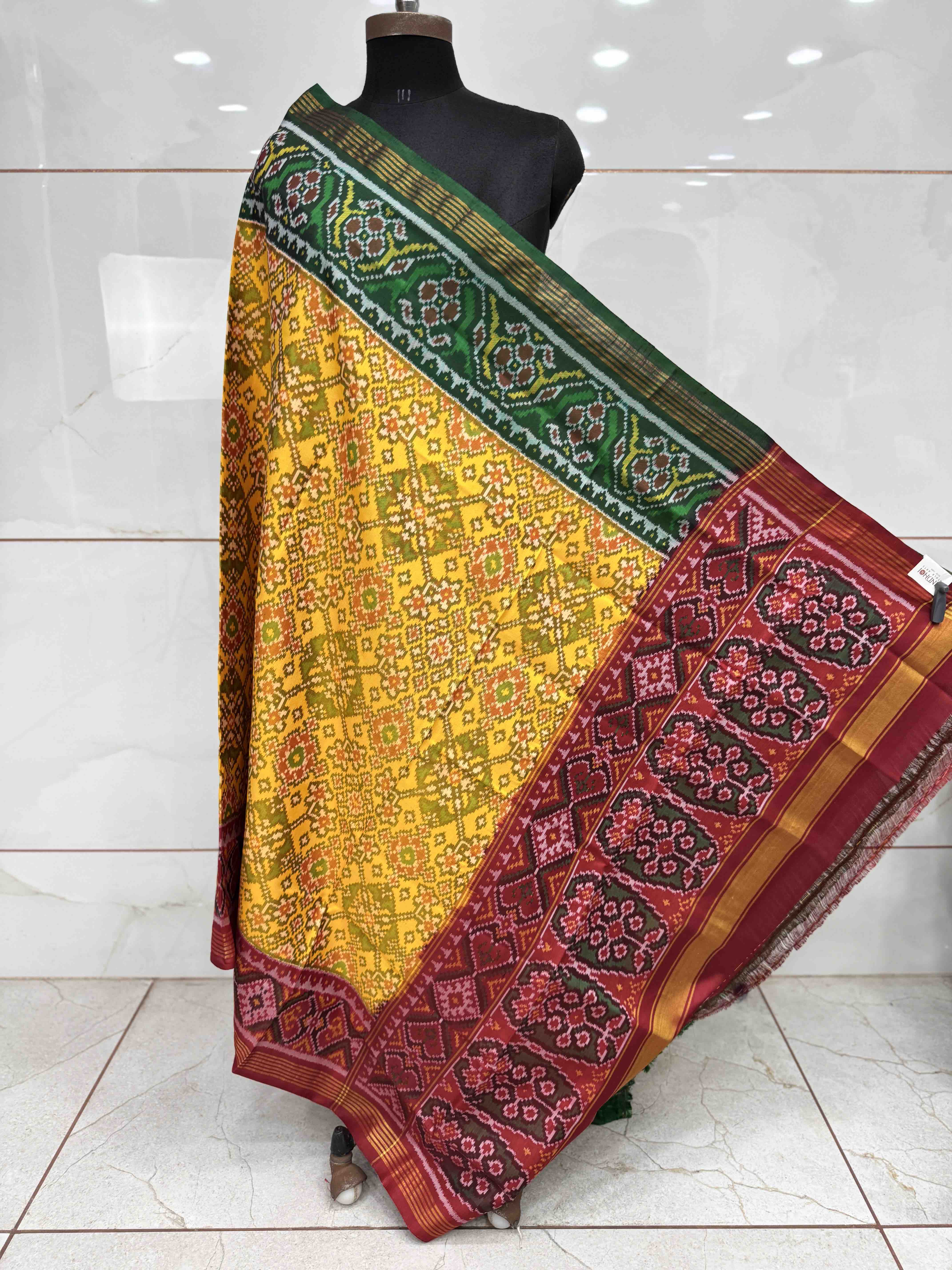 Yellow Ganga Jamuna Navratan Semi Double Ikat Patola Dupatta
