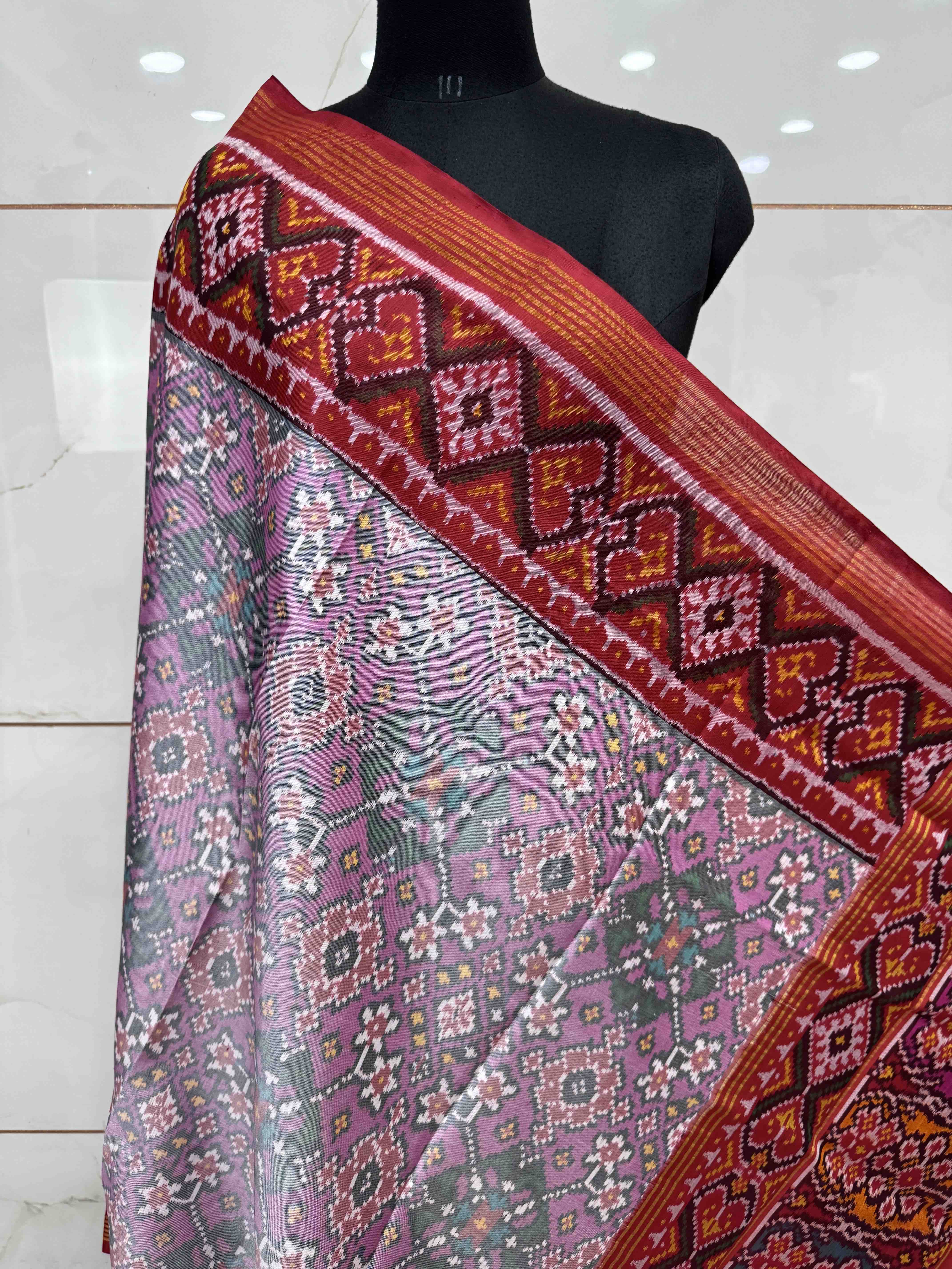 Red & Light Pink Navratan with Multicolor Pallu Semi Double Ikat Patola Dupatta