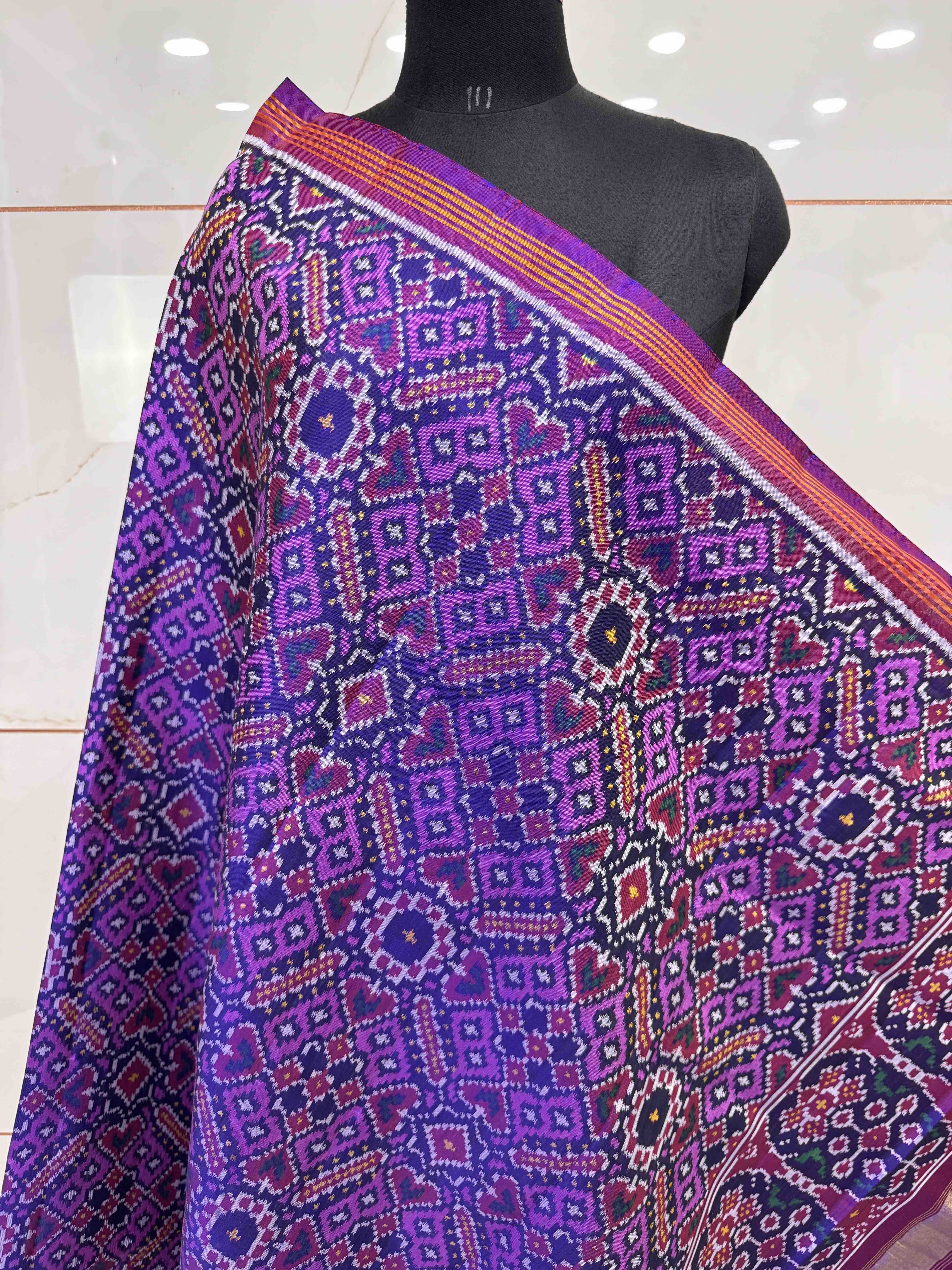 Purple Blue & LIght Purple Manekchowk Semi Double Ikat Patola Dupatta