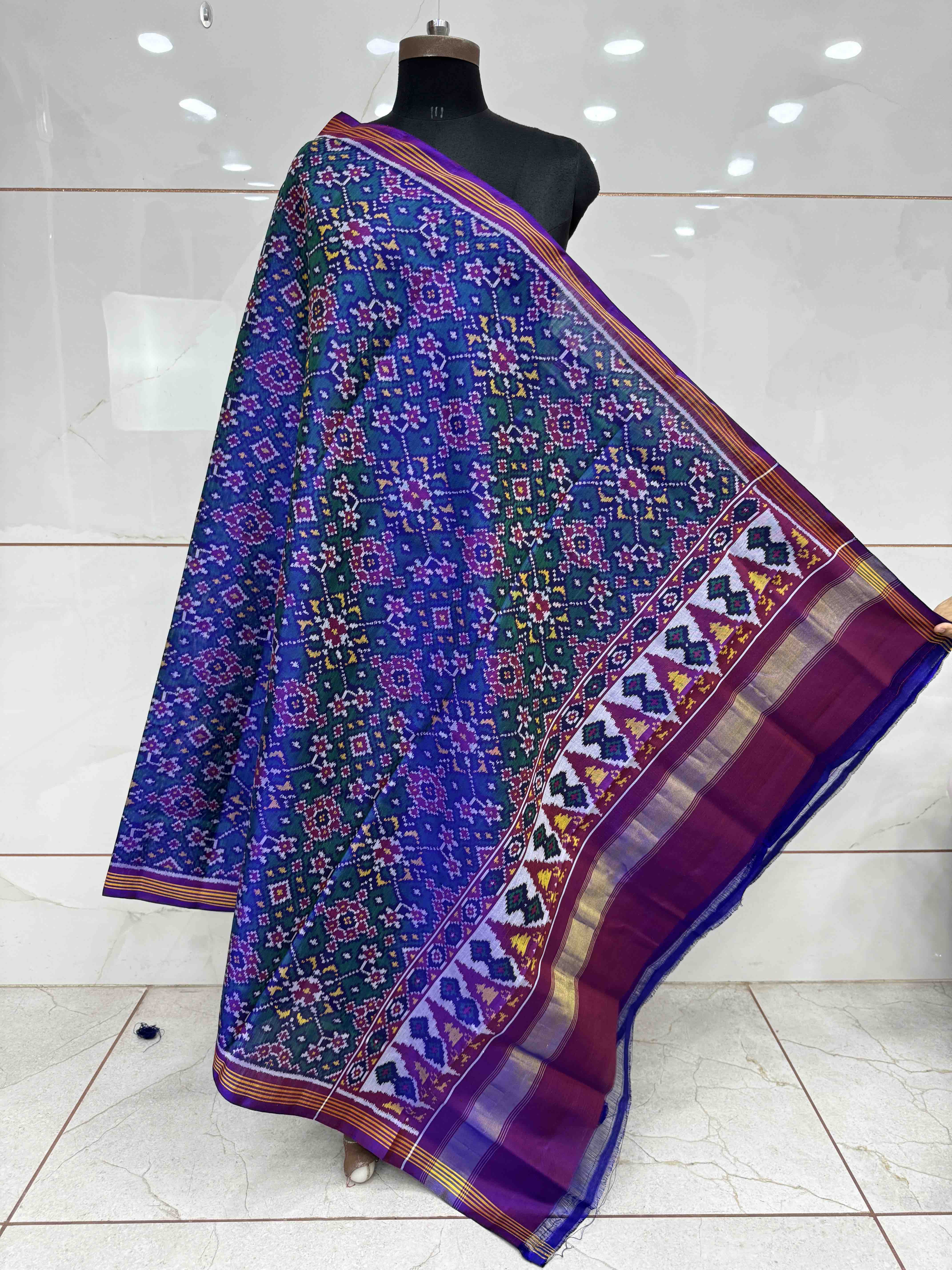 Purple & Peacock Green Navratan Semi Double Ikat Patola Dupatta