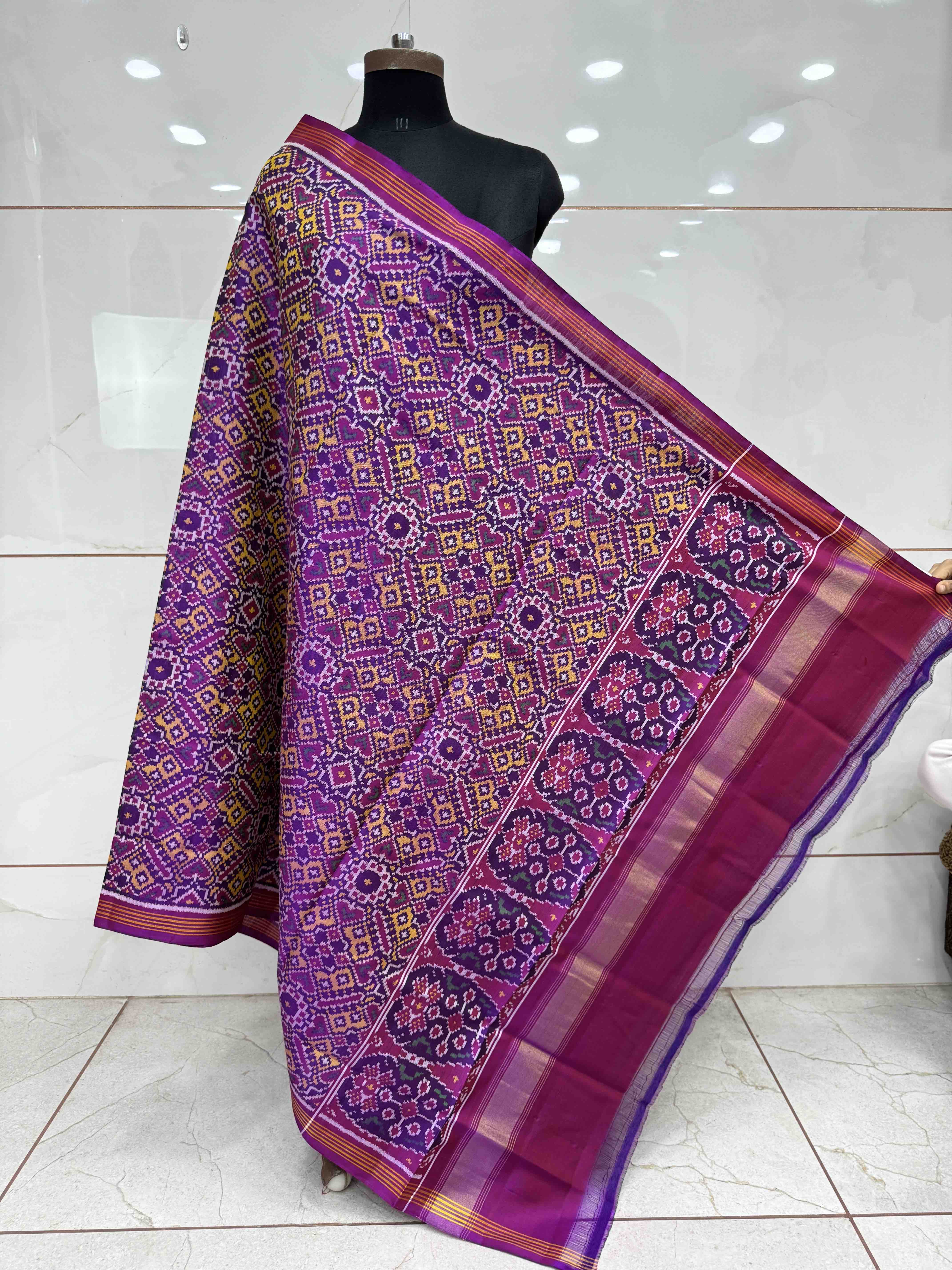 Magenta Purple & Yellow Manekchowk Semi Double Ikat Patola Dupatta
