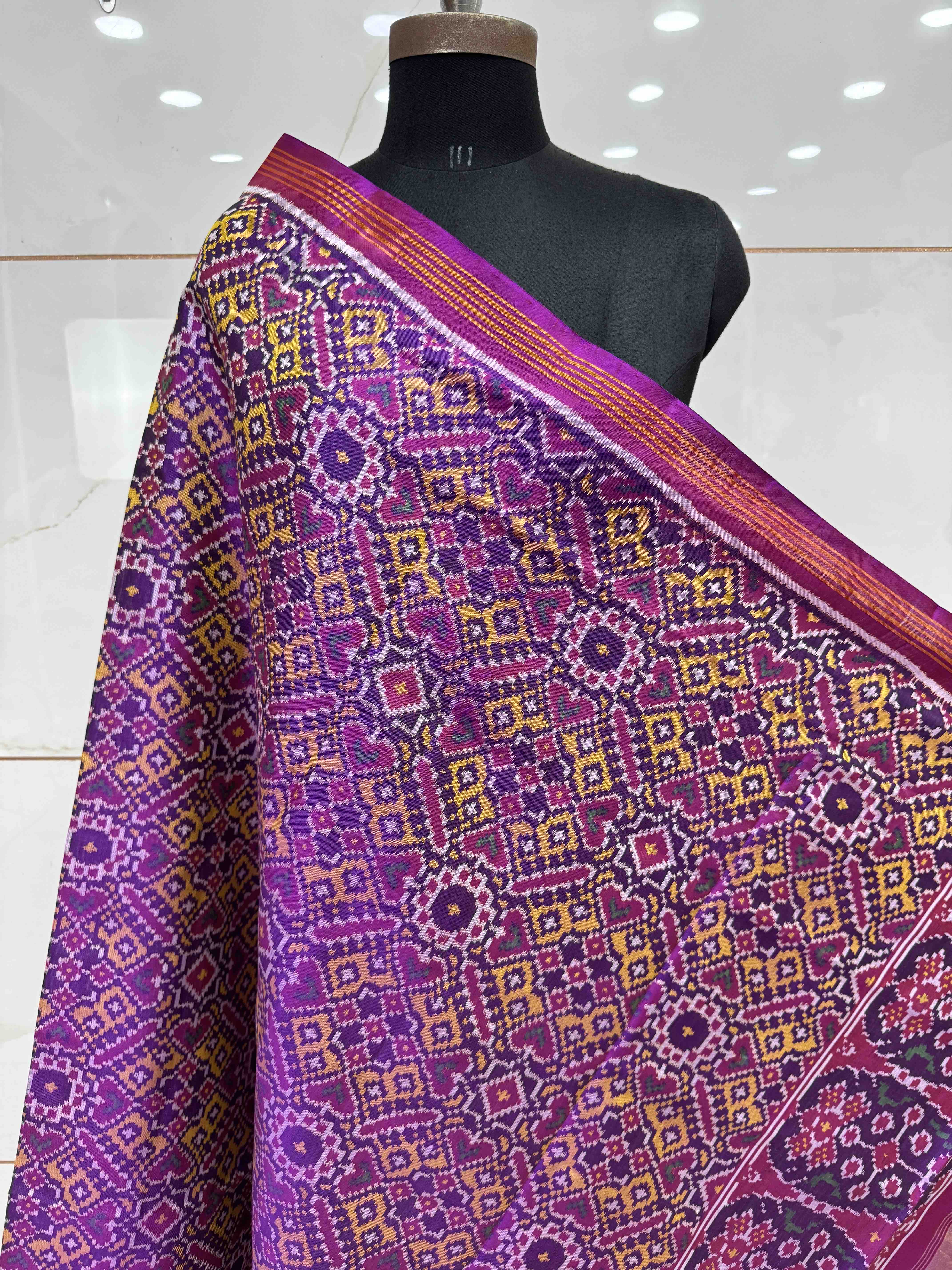 Magenta Purple & Yellow Manekchowk Semi Double Ikat Patola Dupatta