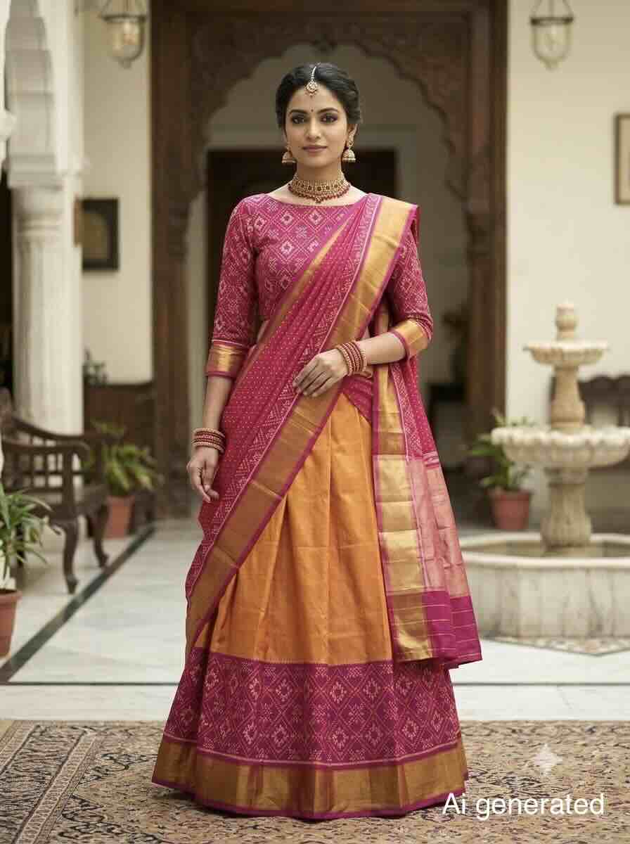 Pink and Peach Orage Panchanda Scut Border Patola Lehenga Choli