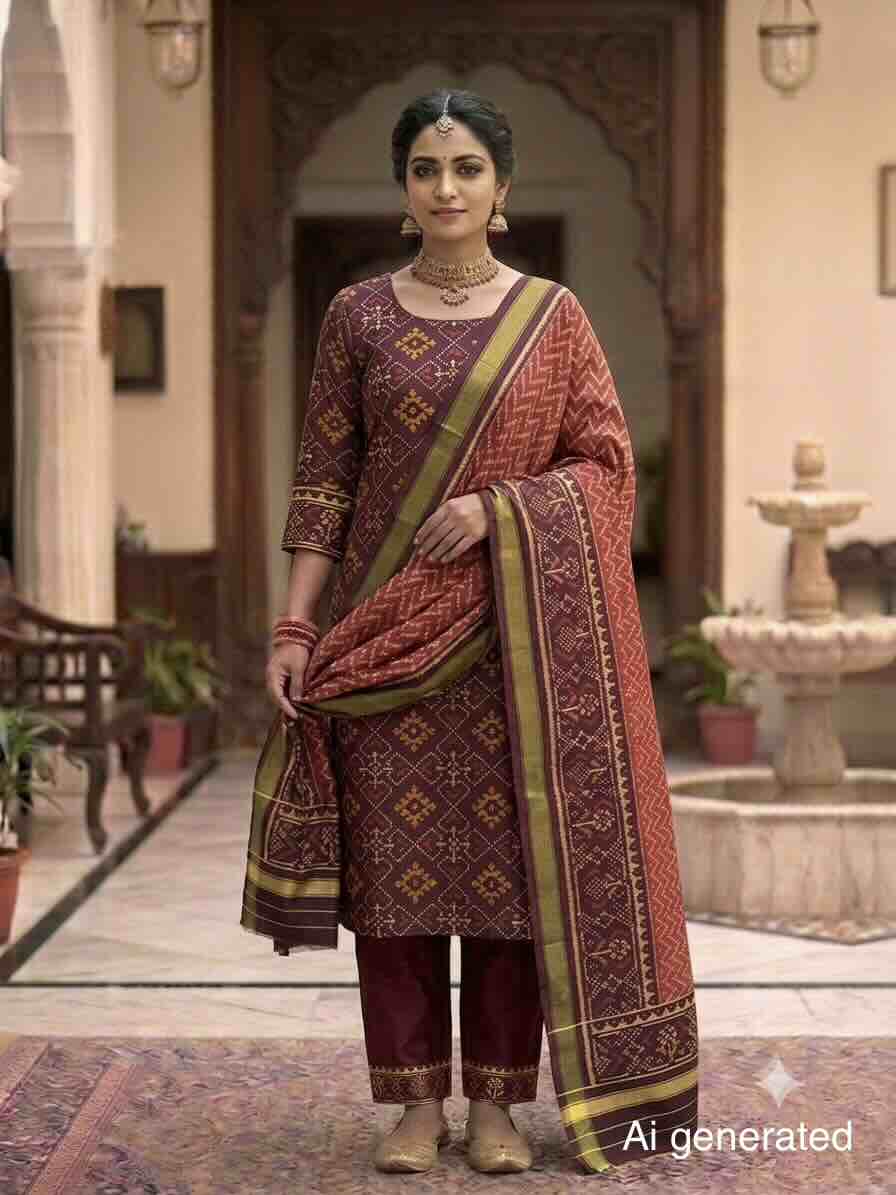 Maroon & Red Panchanda with Zigzag Lining Patola Dress