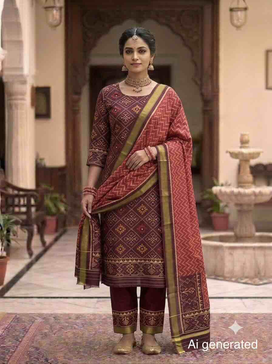 Maroon & Red Panchanda with Zigzag Lining Patola Dress
