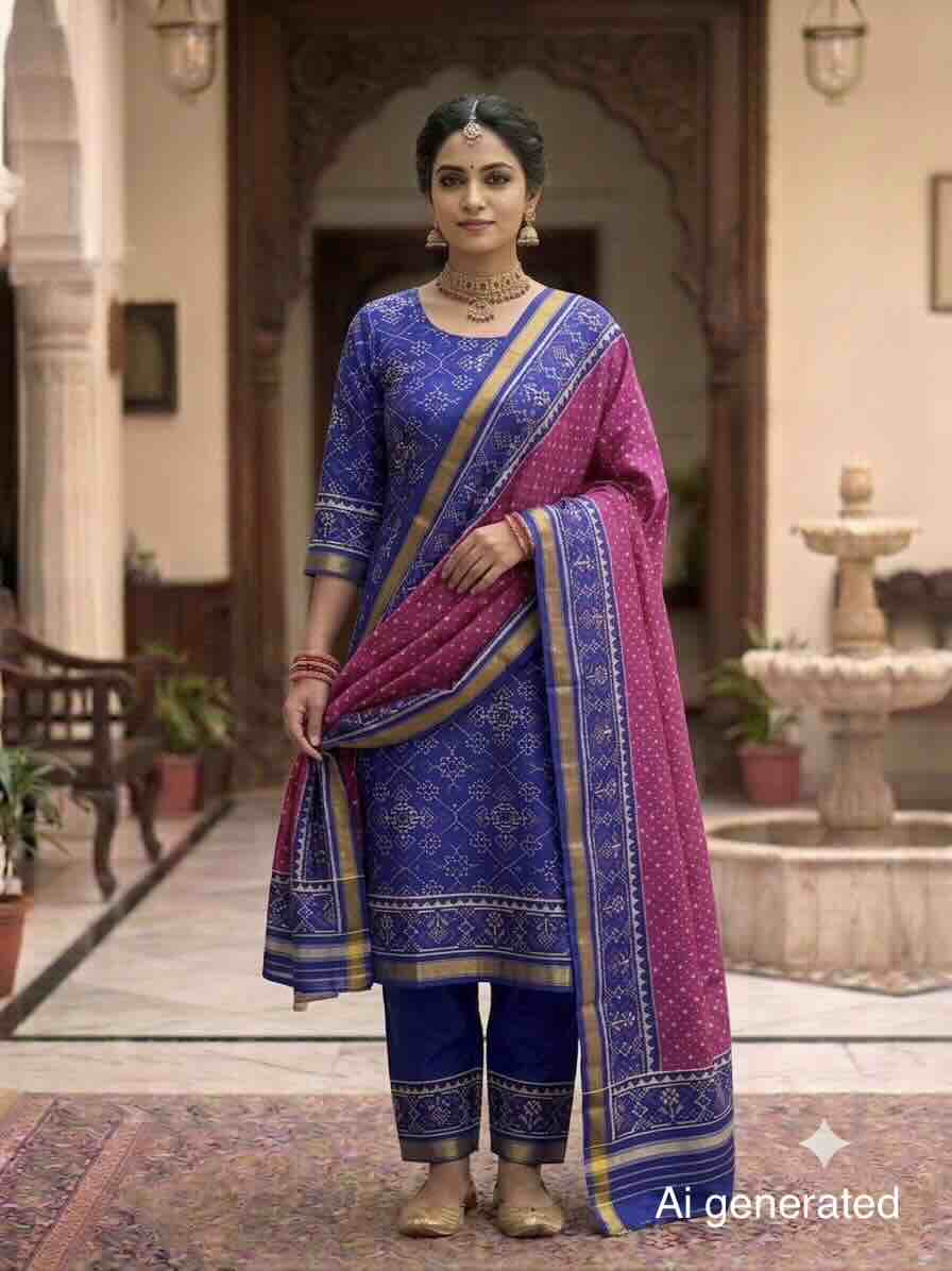 Blue & Purple Manekchowk with Doted Patola Dress