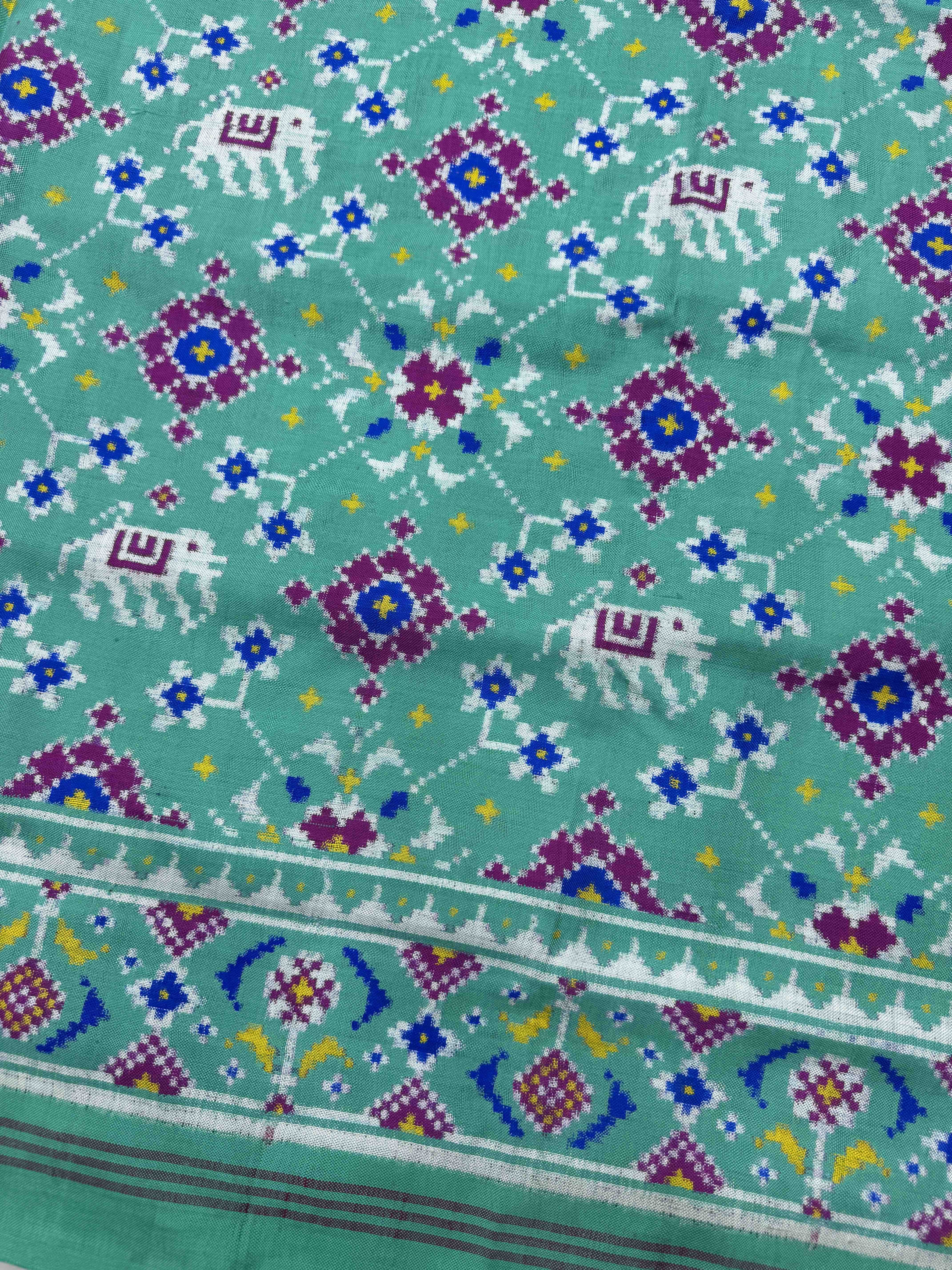 Mint Green Navratan with Elephant Double Ikat Patan Patola Saree