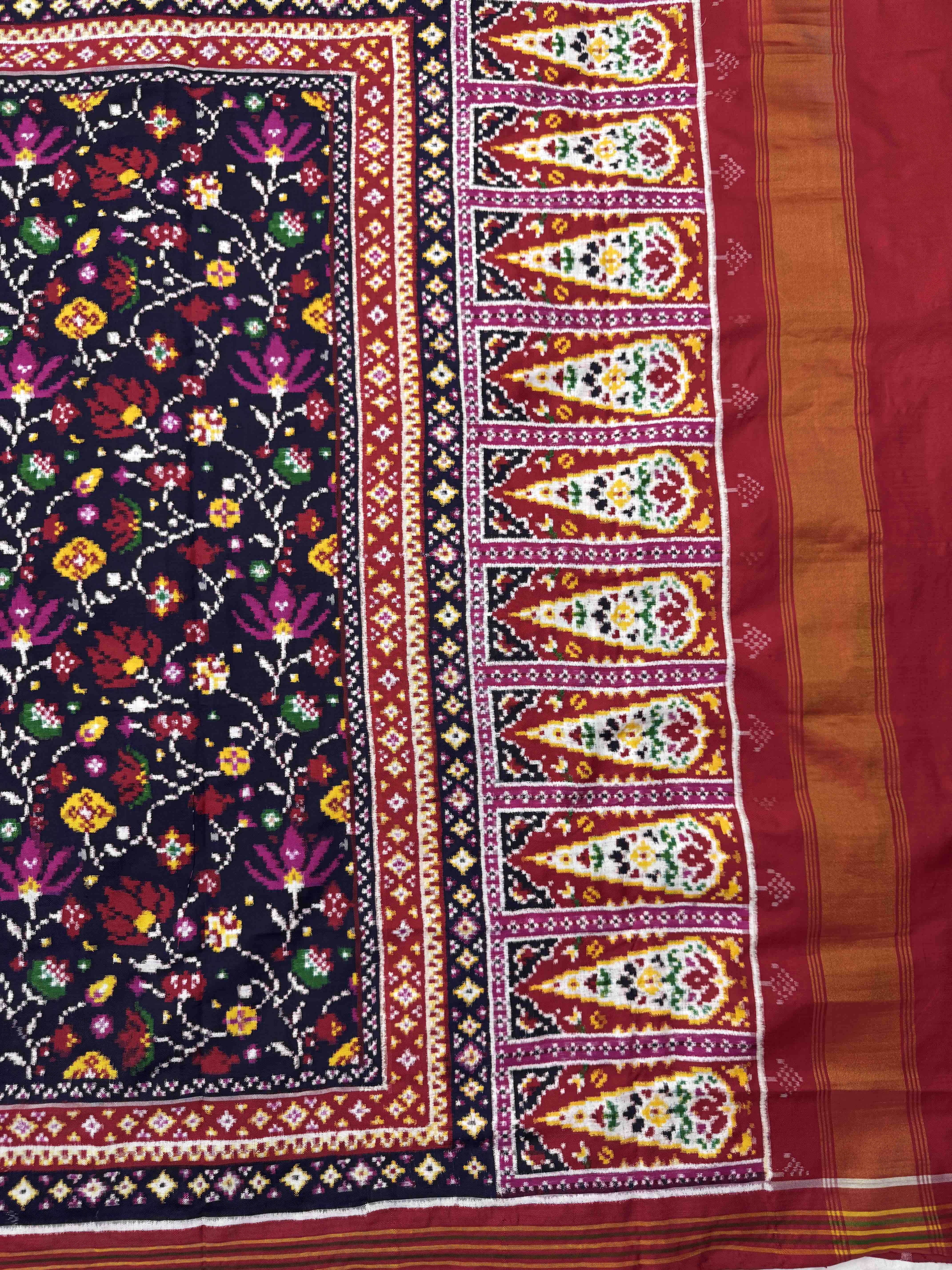 Red & Navy Blue Fancy Flower Double Ikat Patan Patola Saree
