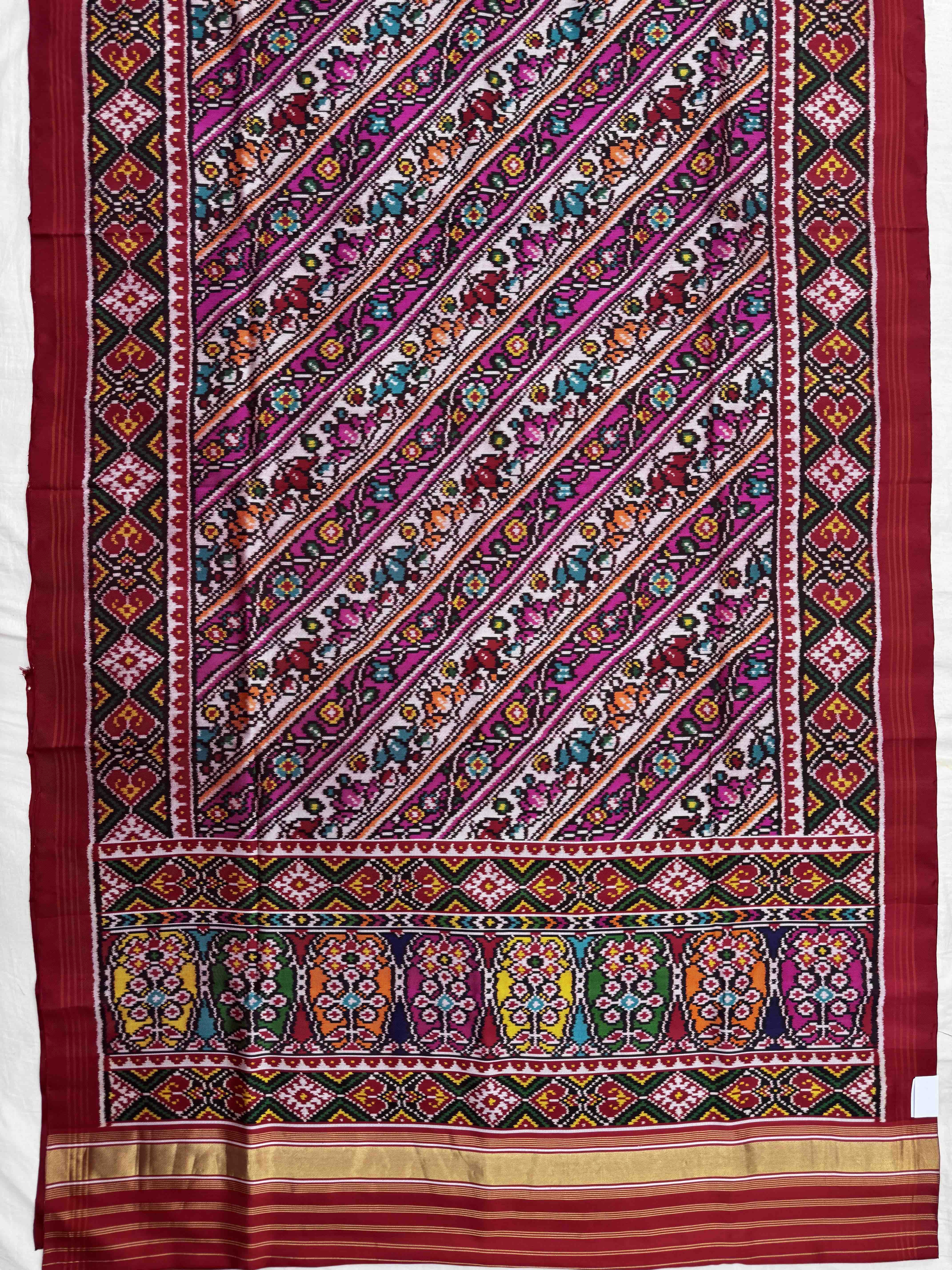 Red & Pink with White Leheriya Flower Twill Patola Saree