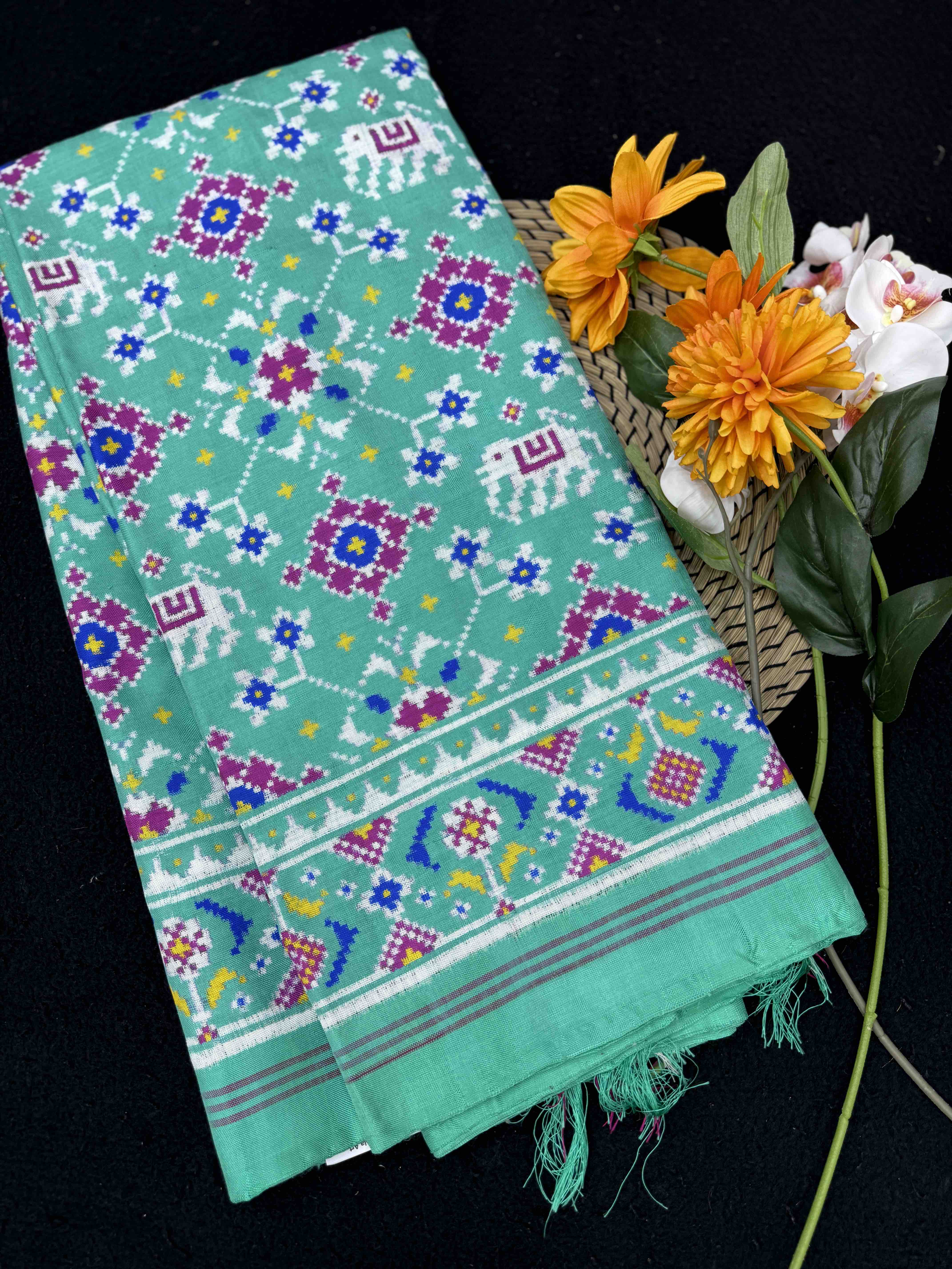 Mint Green Navratan with Elephant Double Ikat Patan Patola Saree