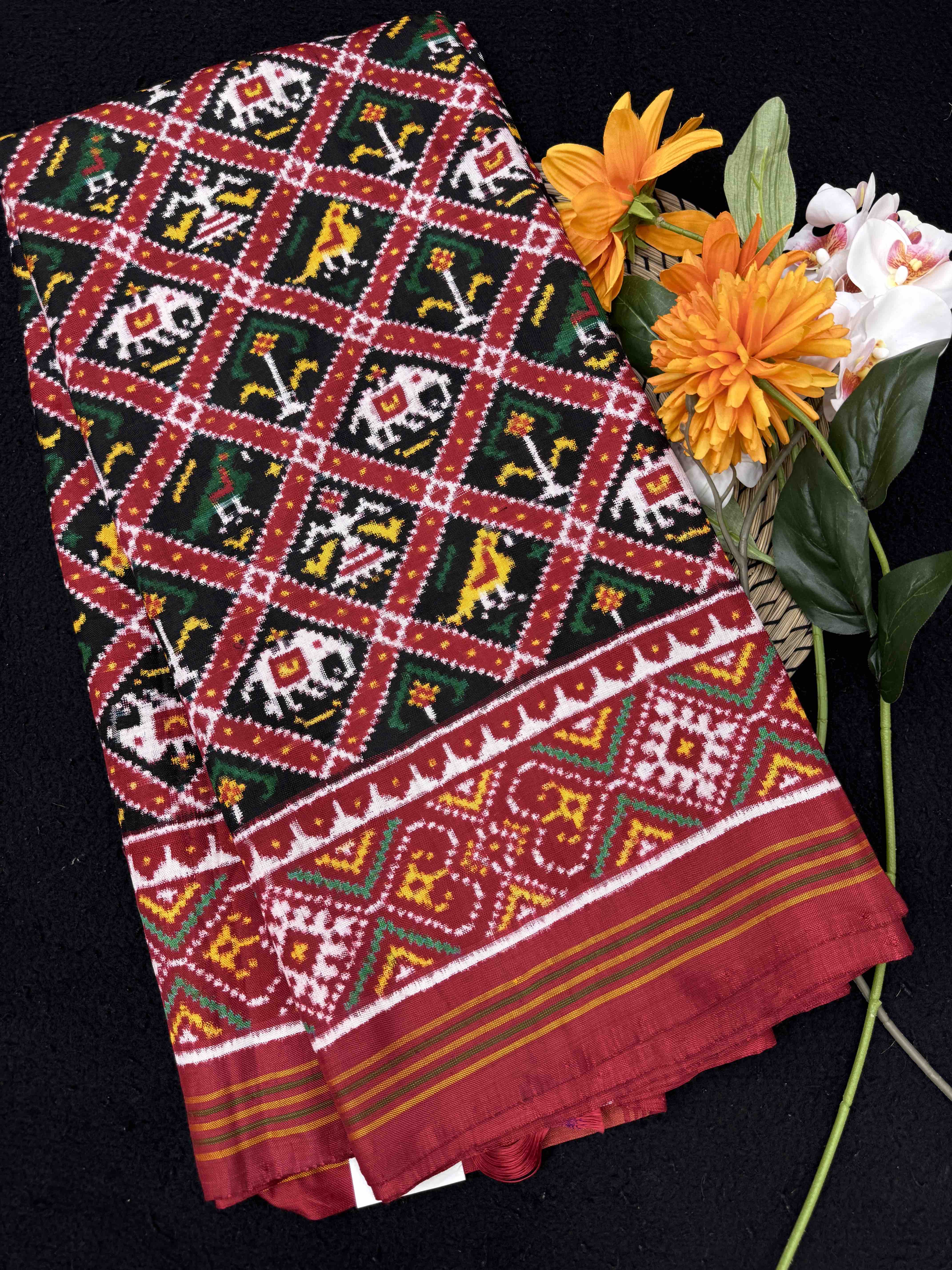 Red & Black Small Narikunj Double Ikat Patan Patola Saree