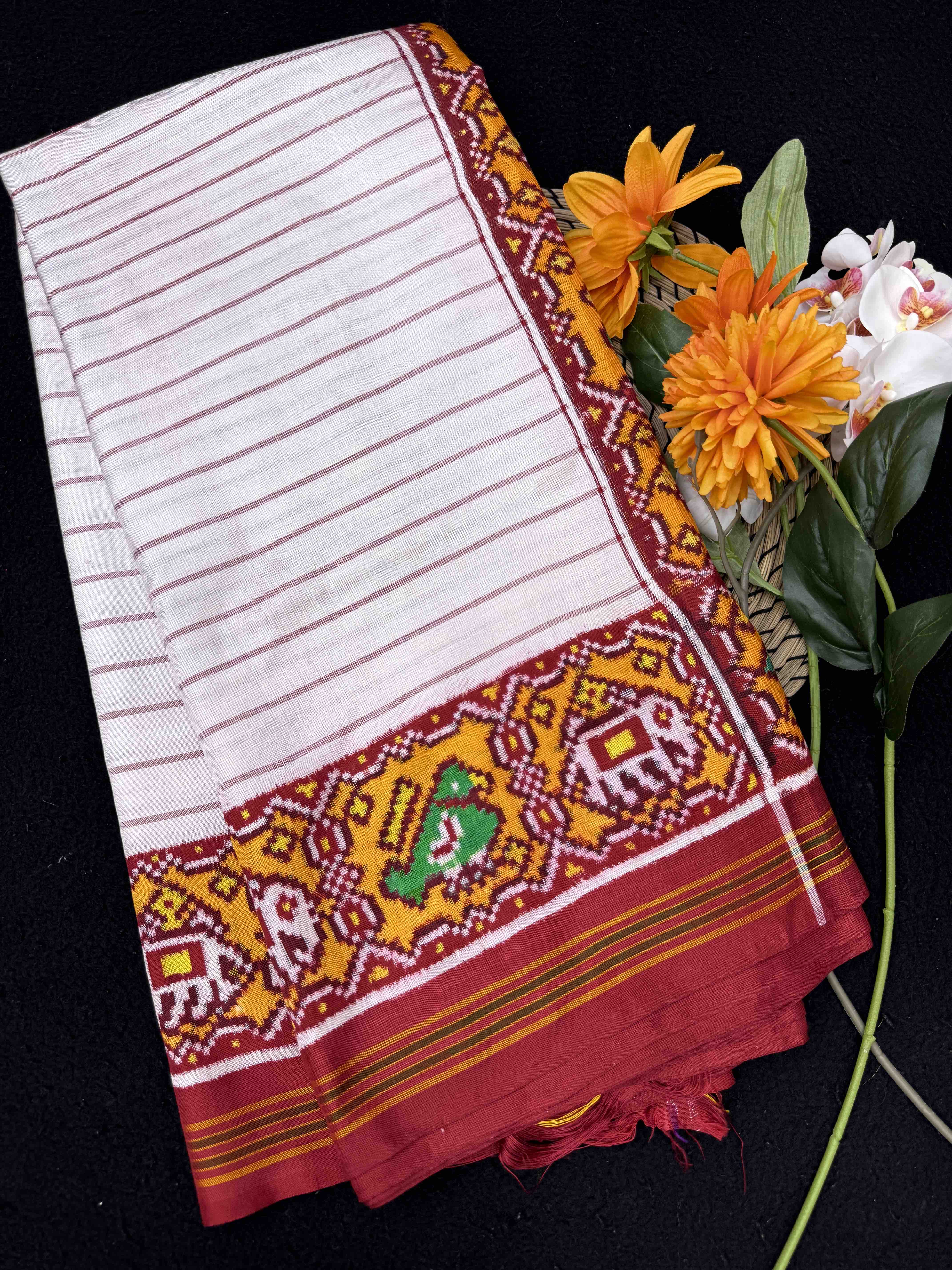 Red & White Lining Double Ikat Patan Patola Saree