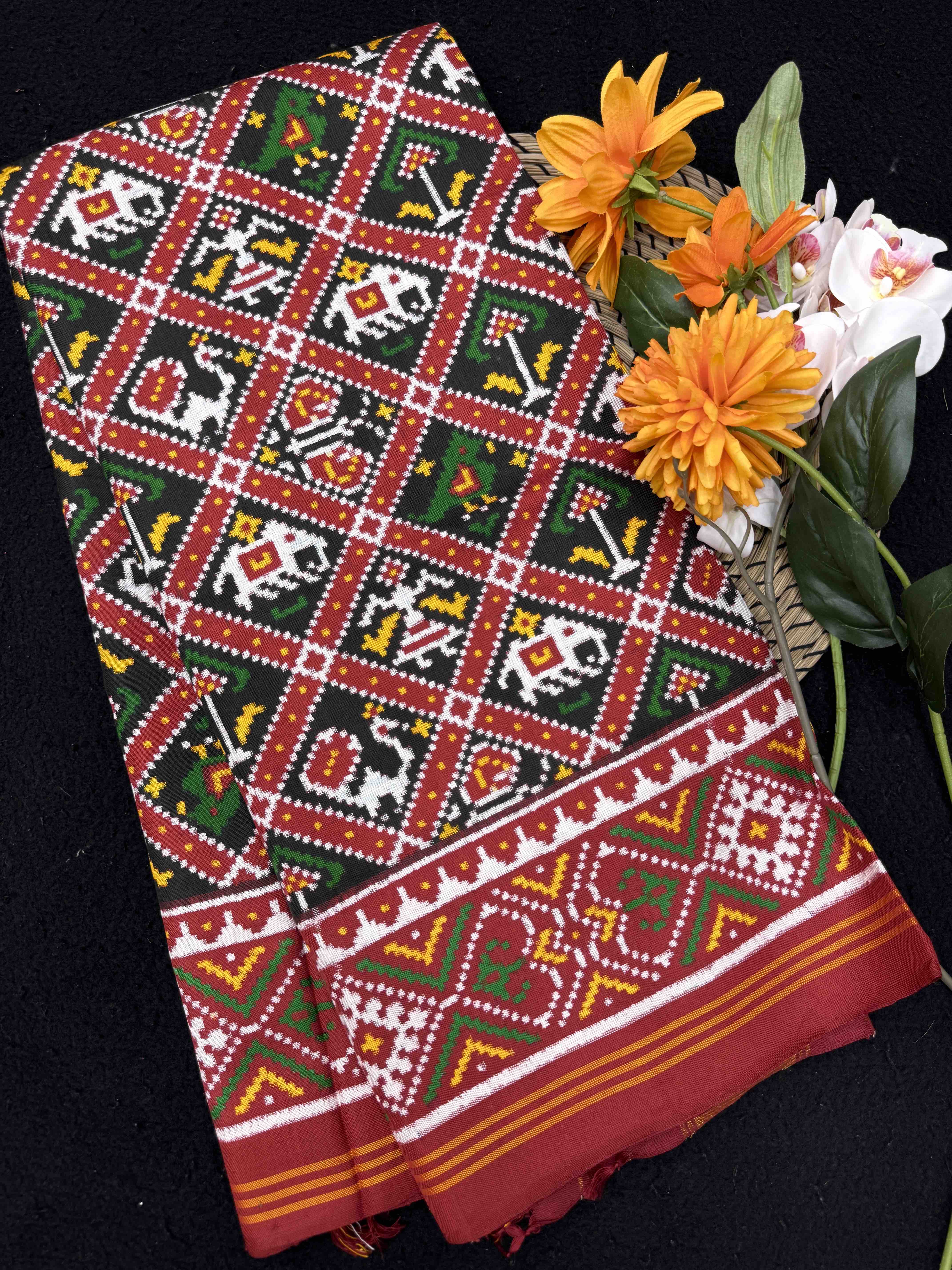 Red & Black Small Narikunj Double Ikat Patan Patola Saree