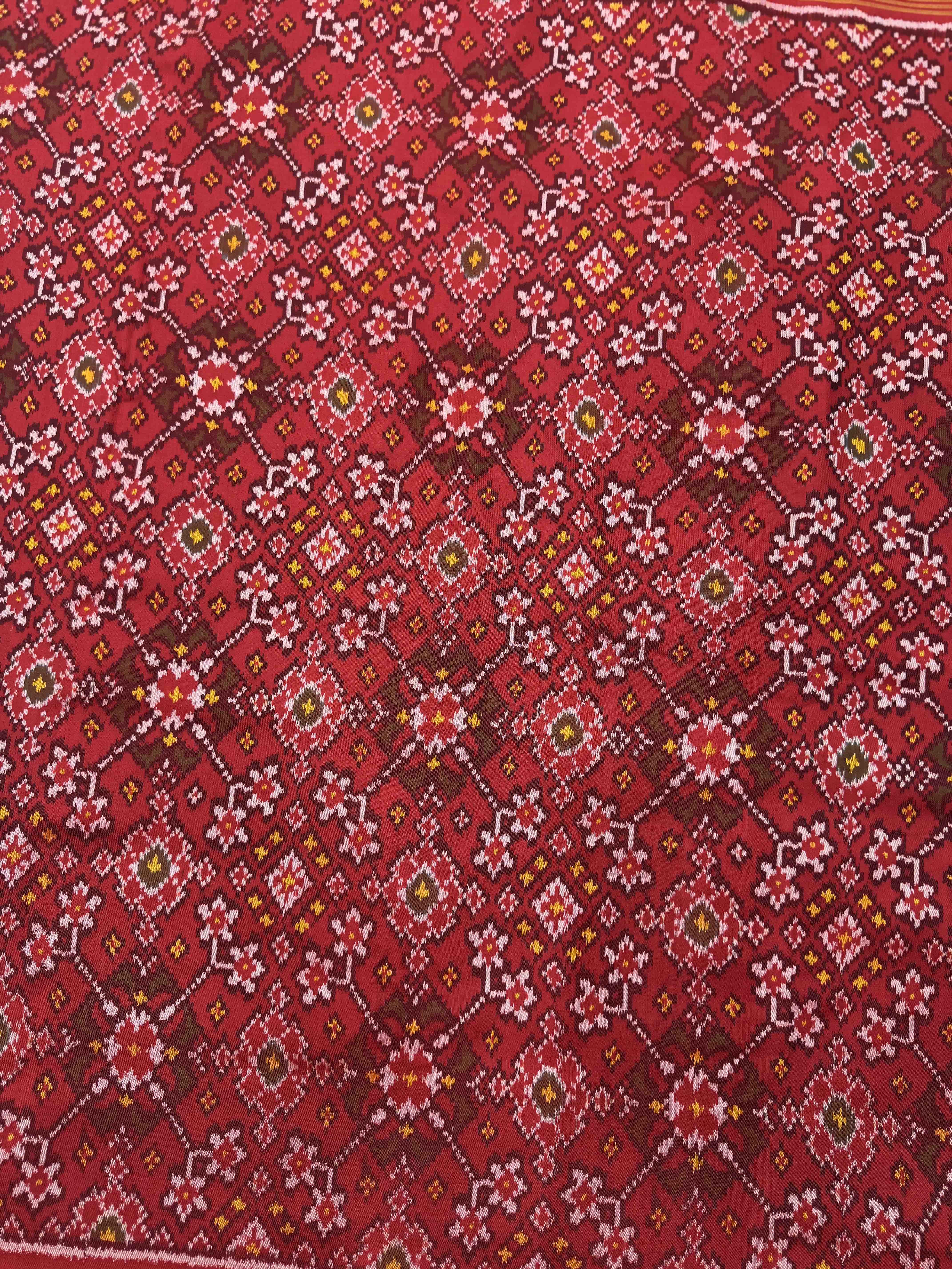 Red Navratan Single Ikat Patola Silk Fabric