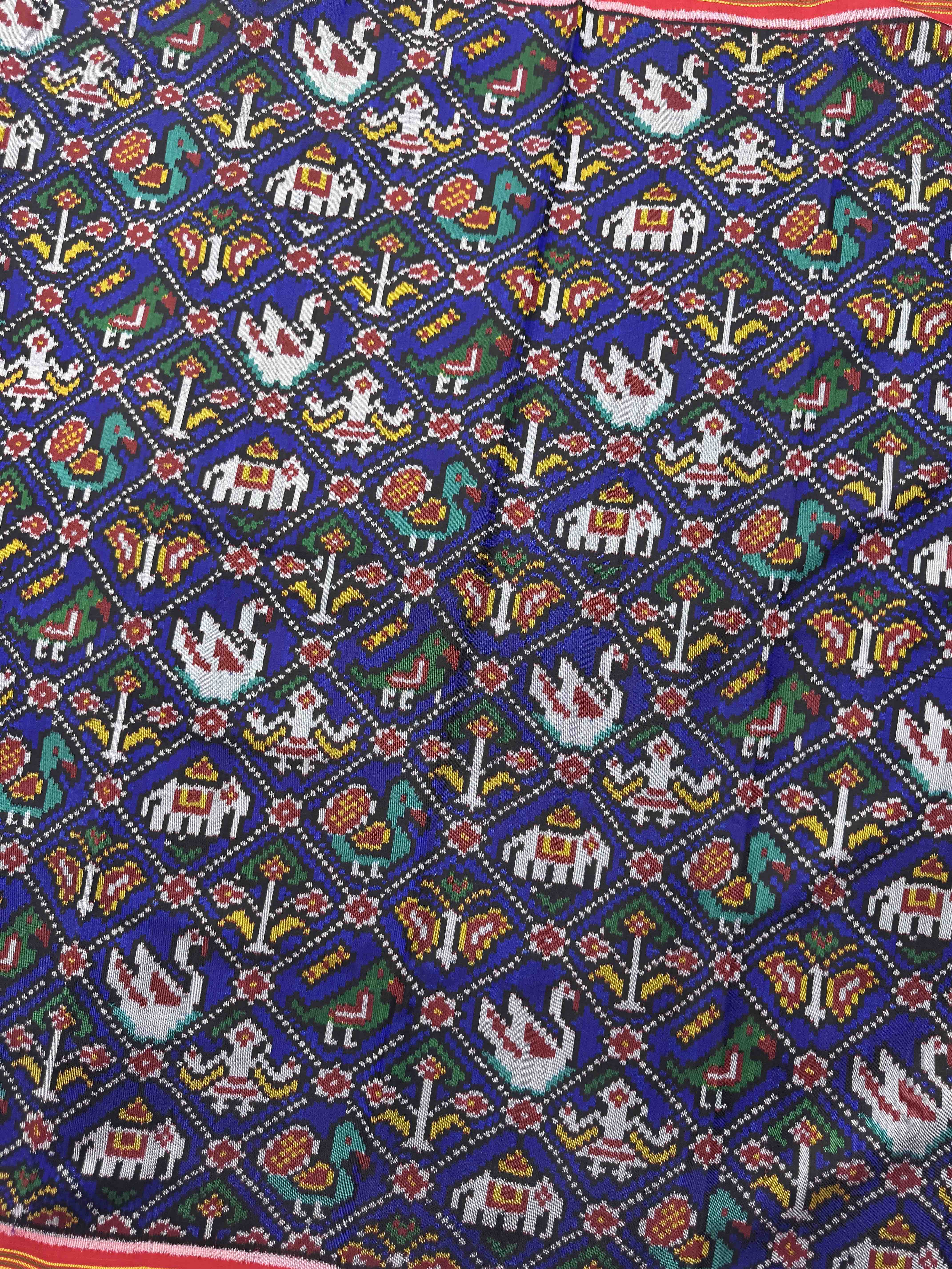 Red & Blue Narikunj Single Ikat Patola Silk Fabric