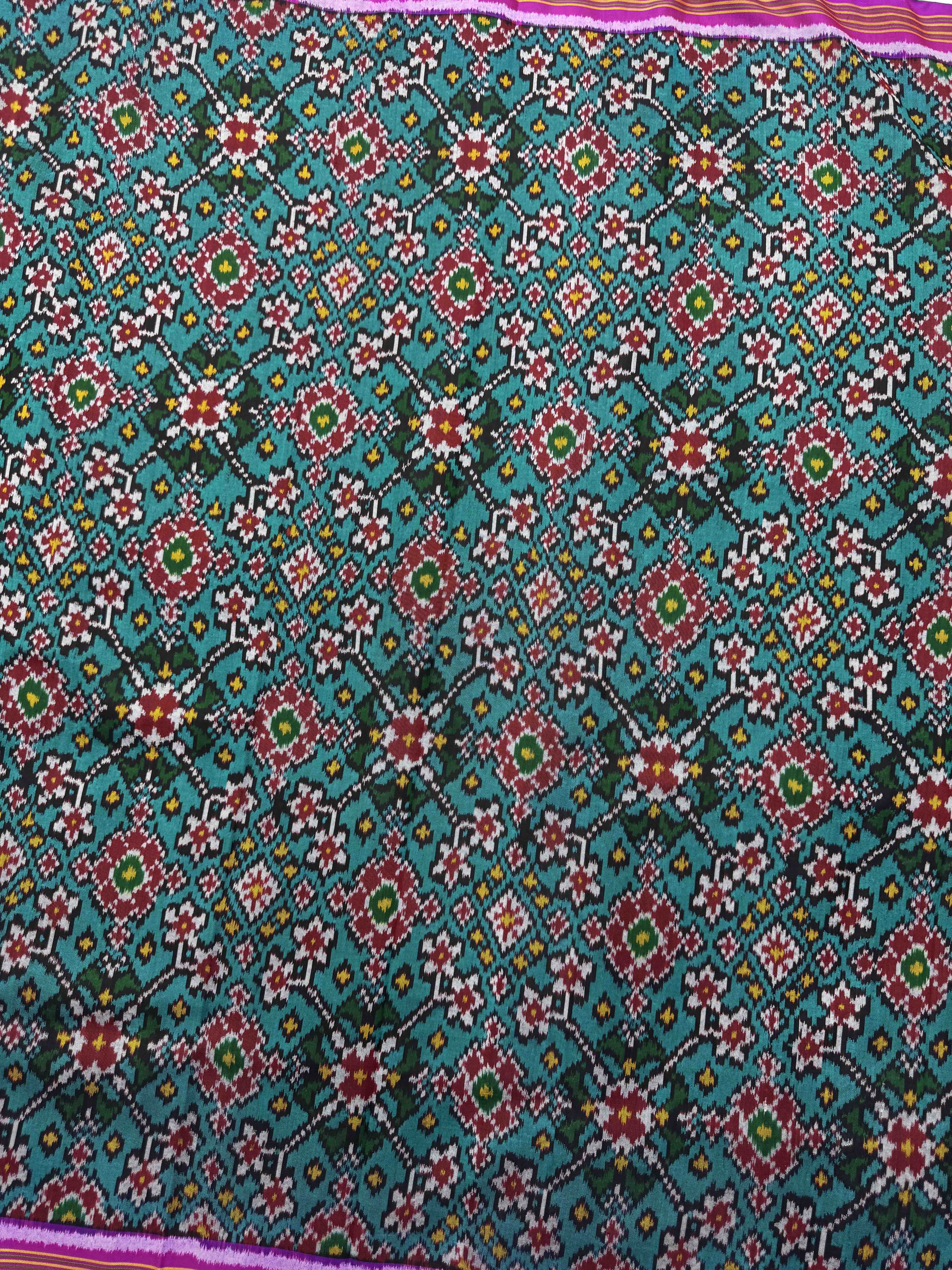 Magenta & Turquoise Navratan Single Ikat Patola Silk Fabric