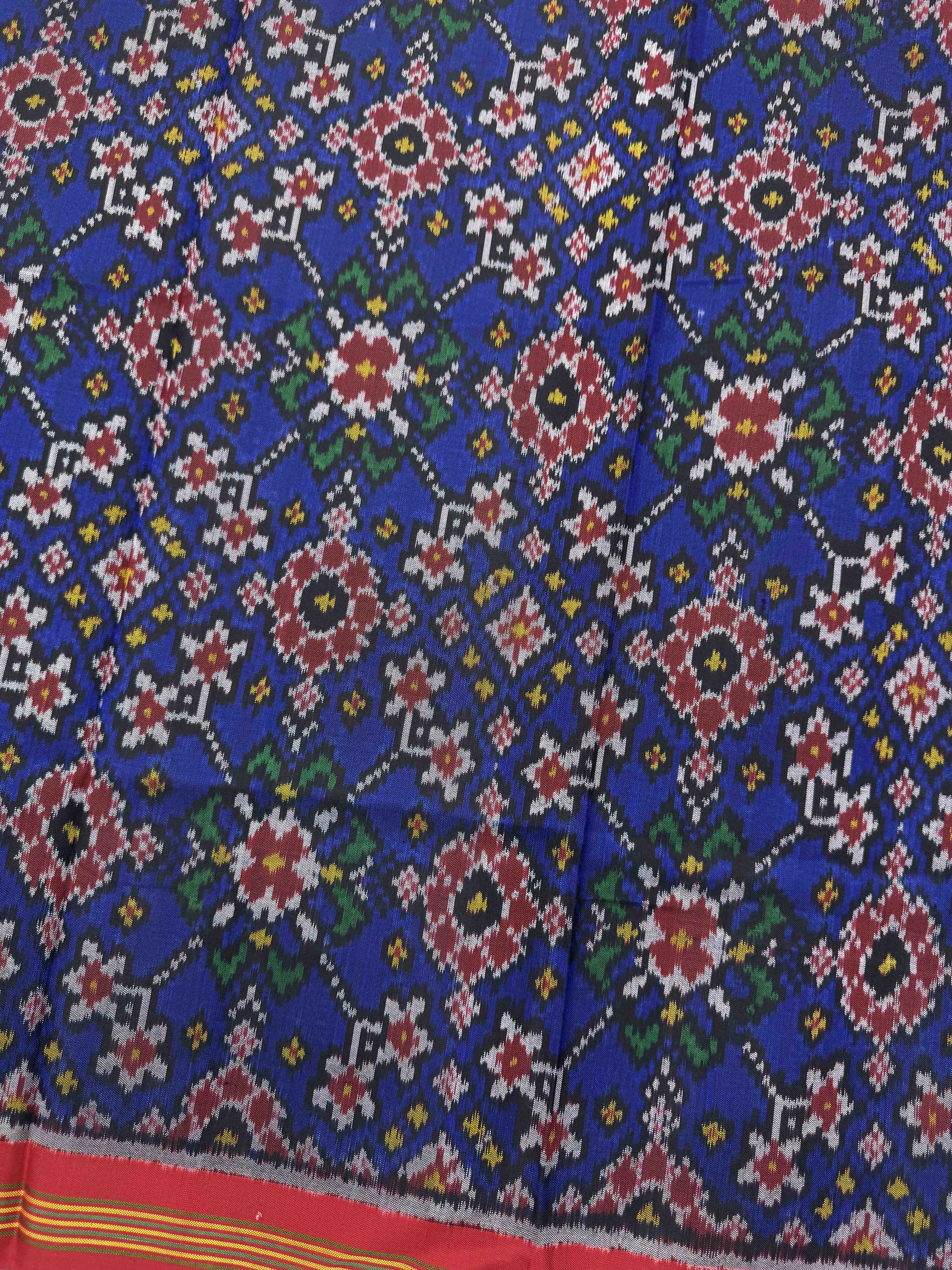 Red & Blue Navratan Single Ikat Patola Silk Fabric