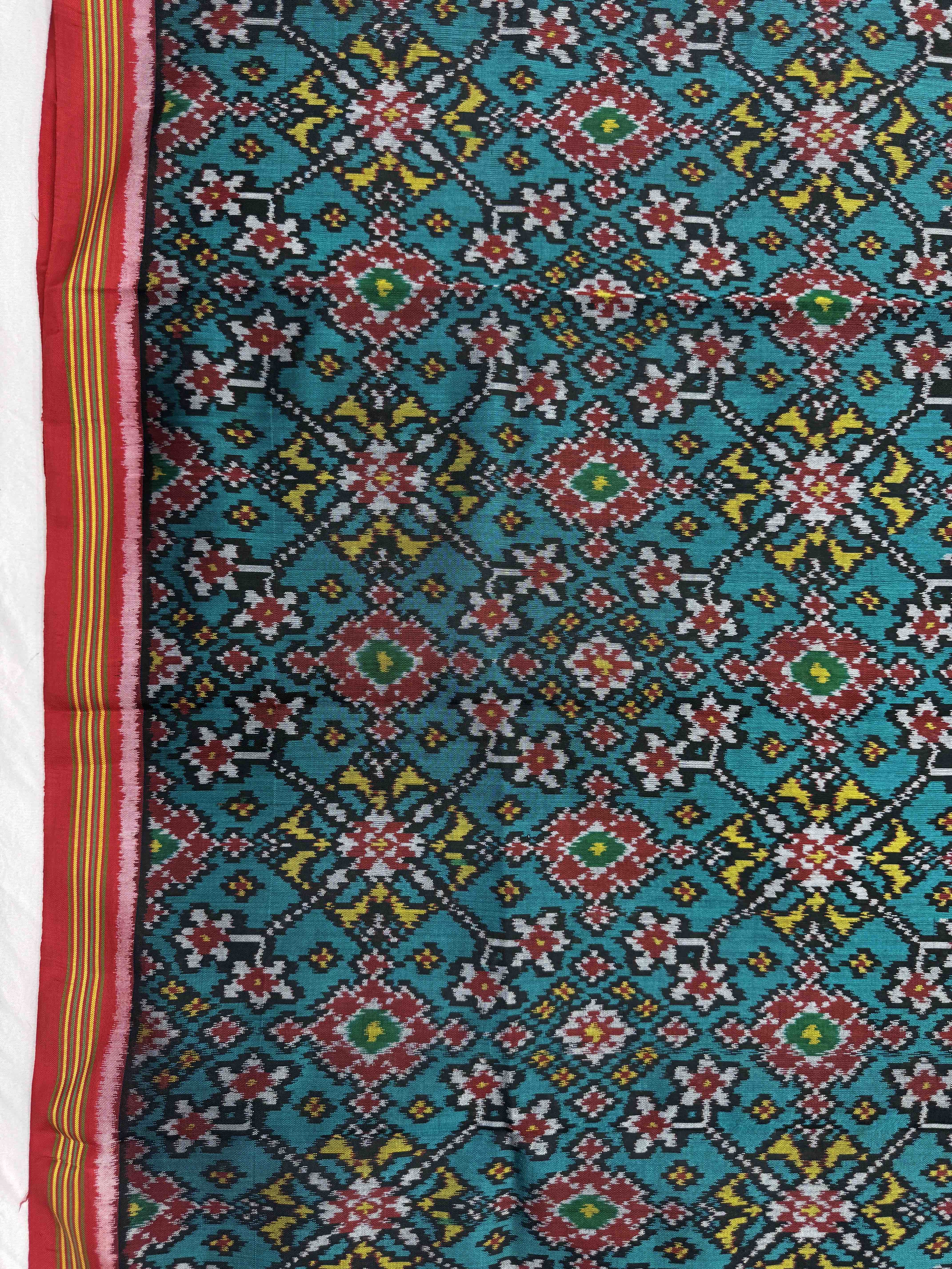 Red & Turquoise Navratan Single Ikat Patola Silk Fabric