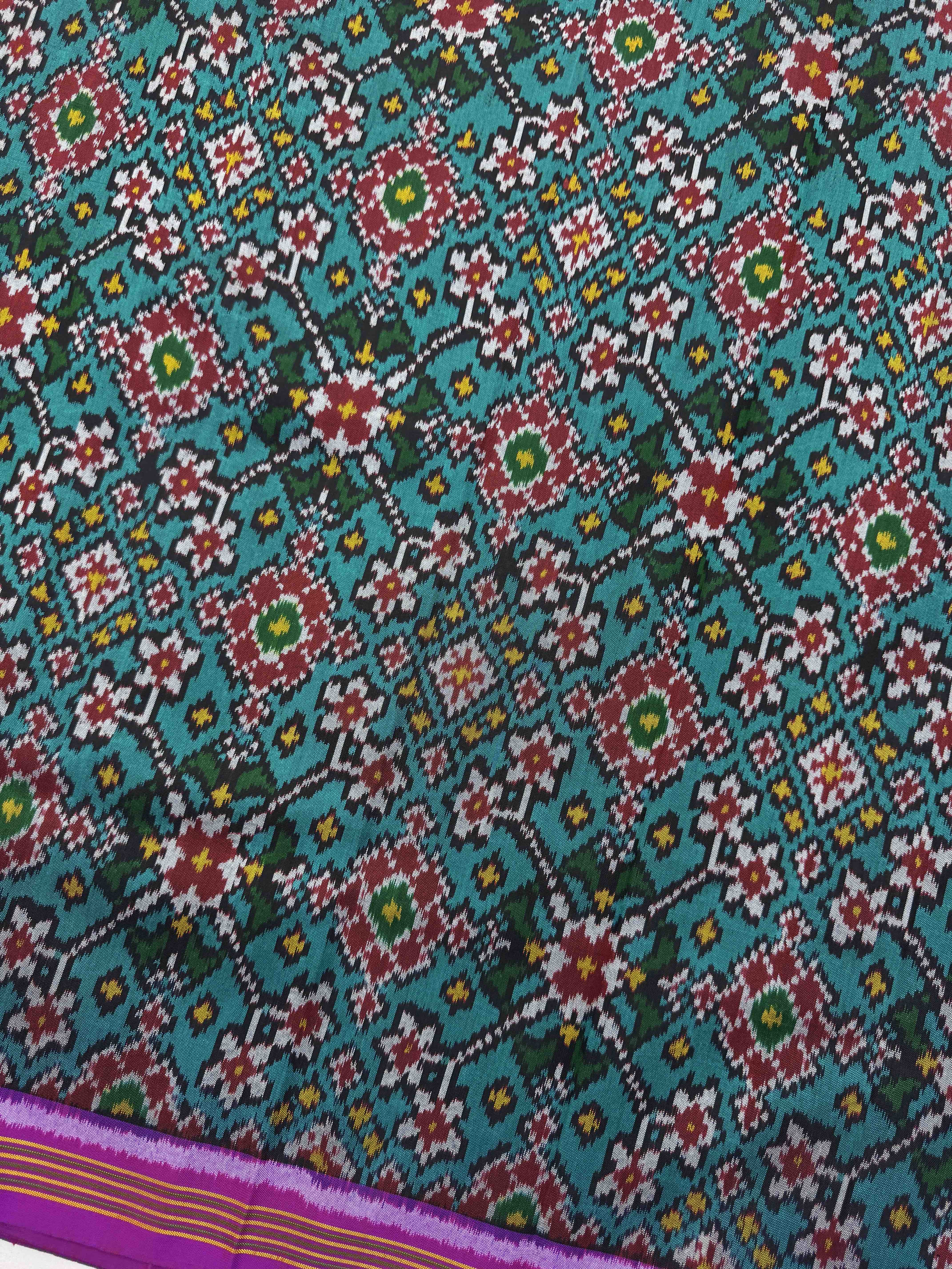 Magenta & Turquoise Navratan Single Ikat Patola Silk Fabric