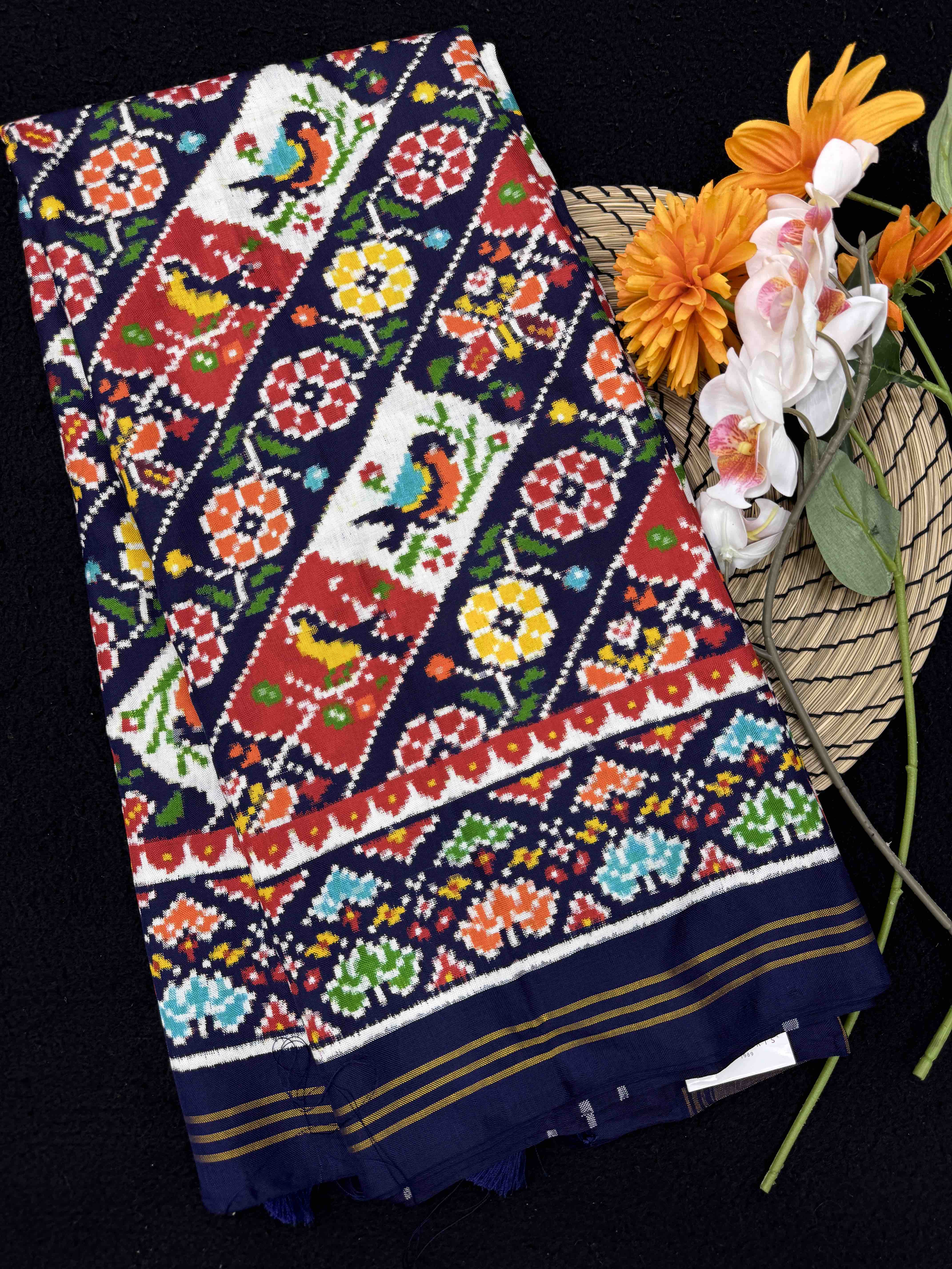 Navy Blue & Off White with Red Birds Flower Leheriya Double Ikat Patan Patola Saree