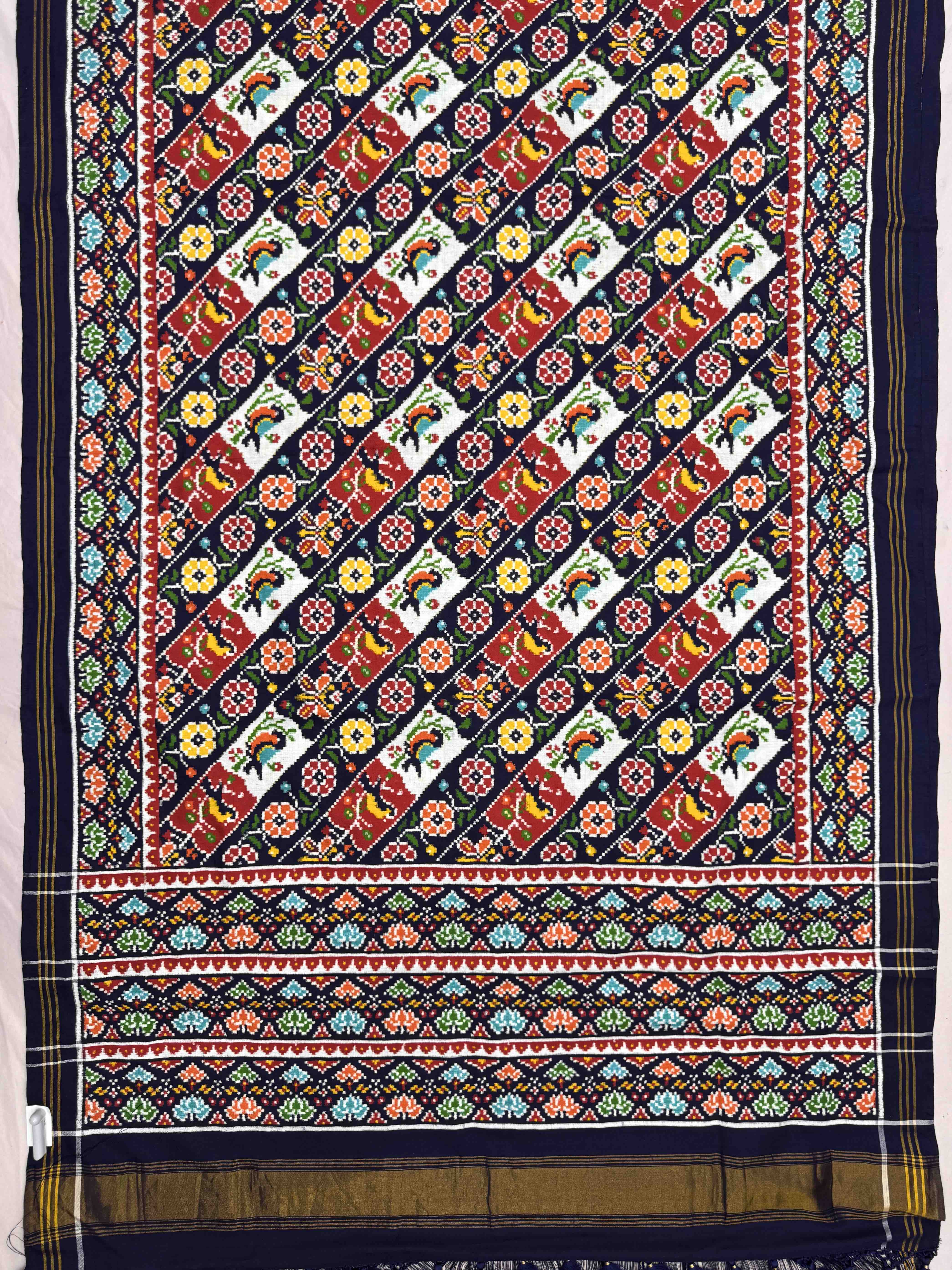 Navy Blue & Off White with Red Birds Flower Leheriya Double Ikat Patan Patola Saree