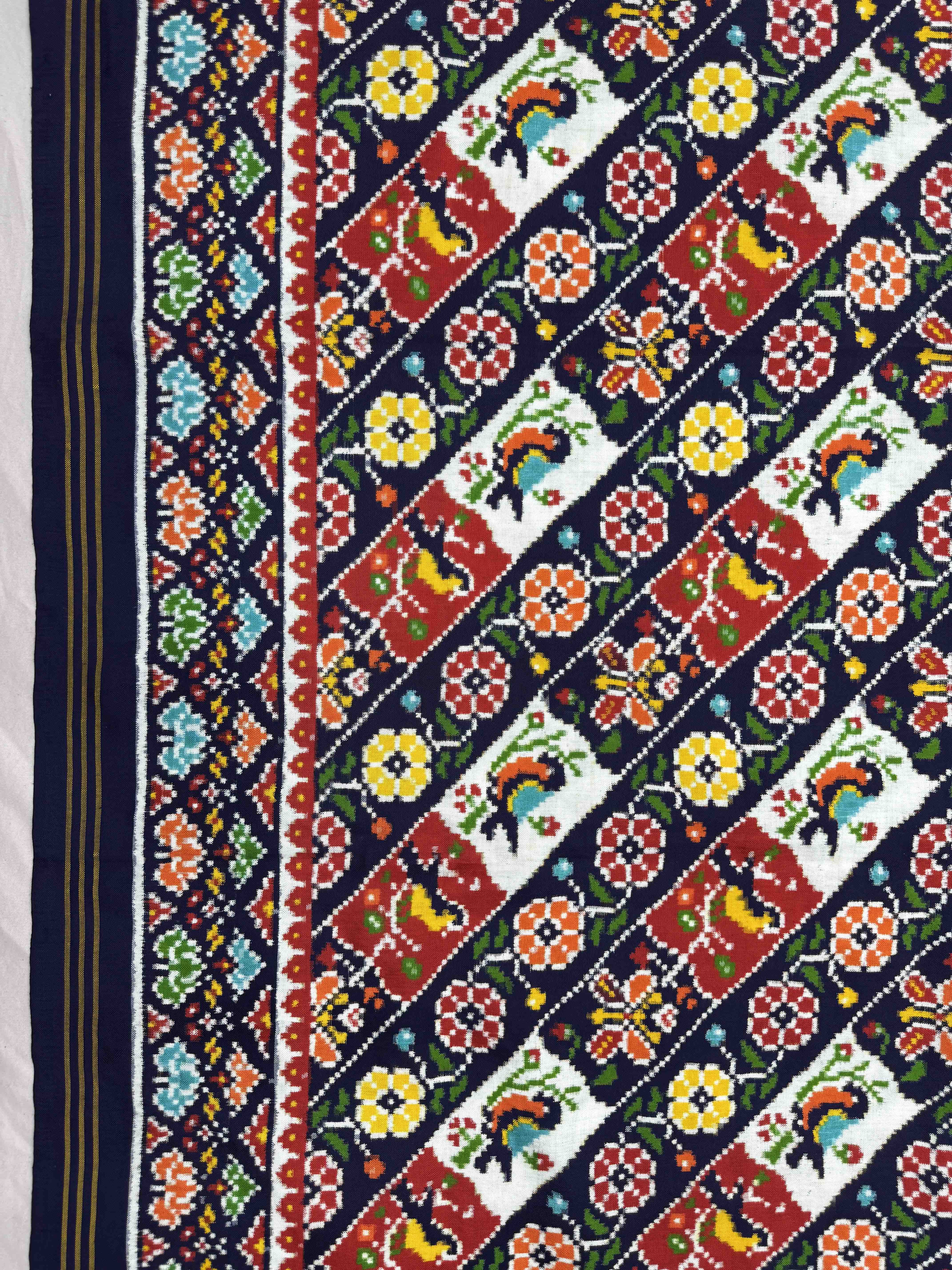 Navy Blue & Off White with Red Birds Flower Leheriya Double Ikat Patan Patola Saree