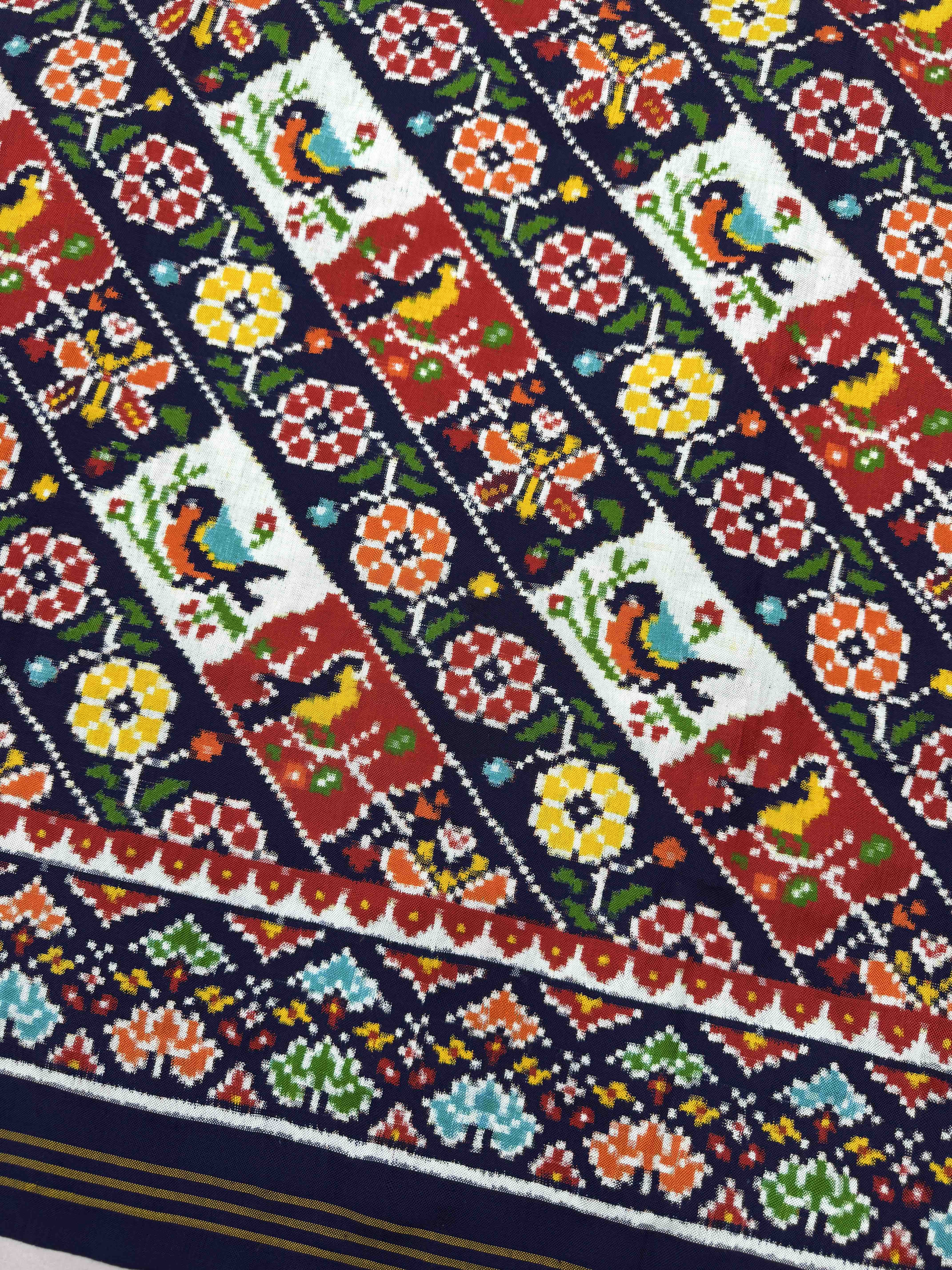 Navy Blue & Off White with Red Birds Flower Leheriya Double Ikat Patan Patola Saree