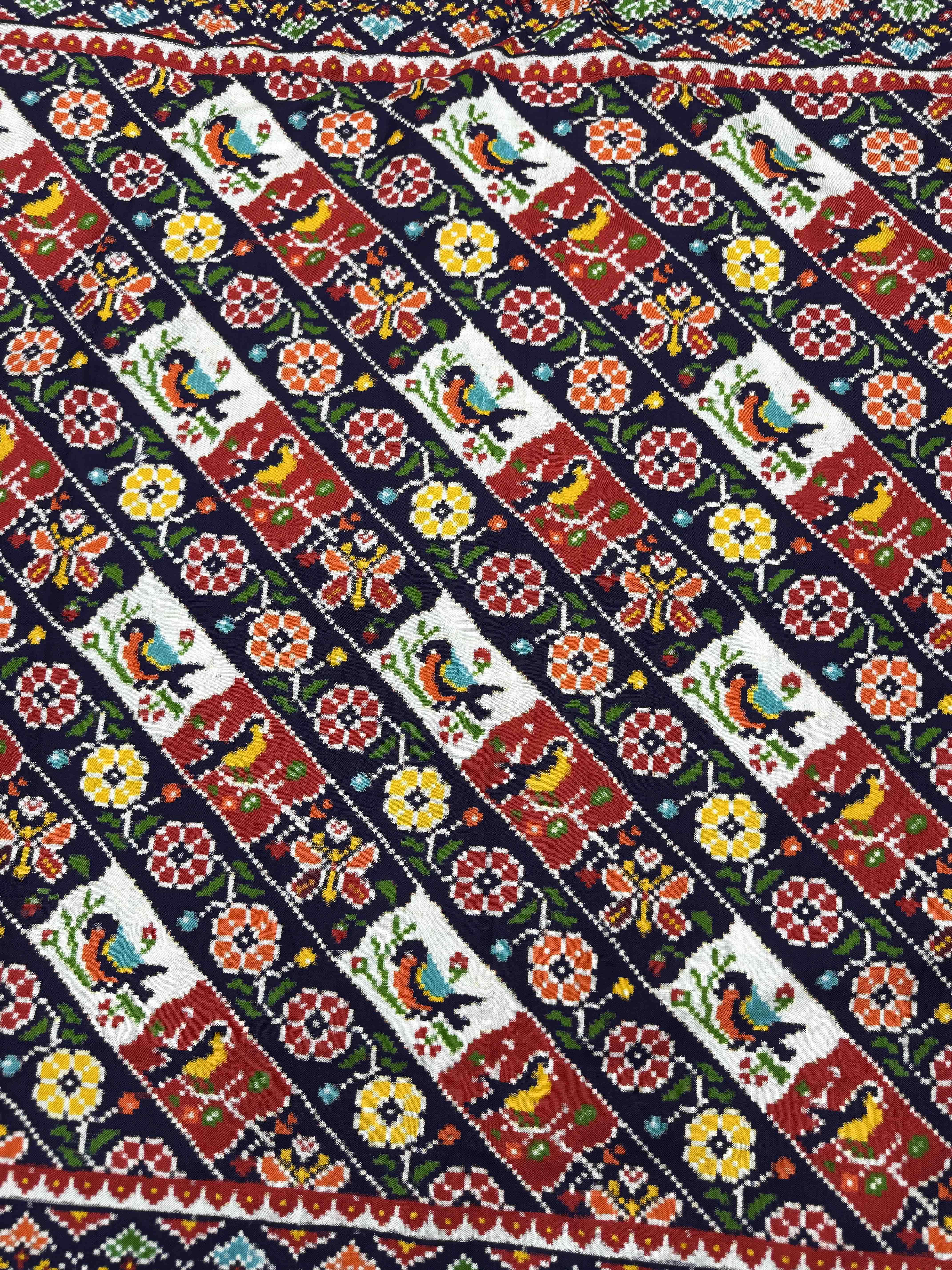 Navy Blue & Off White with Red Birds Flower Leheriya Double Ikat Patan Patola Saree