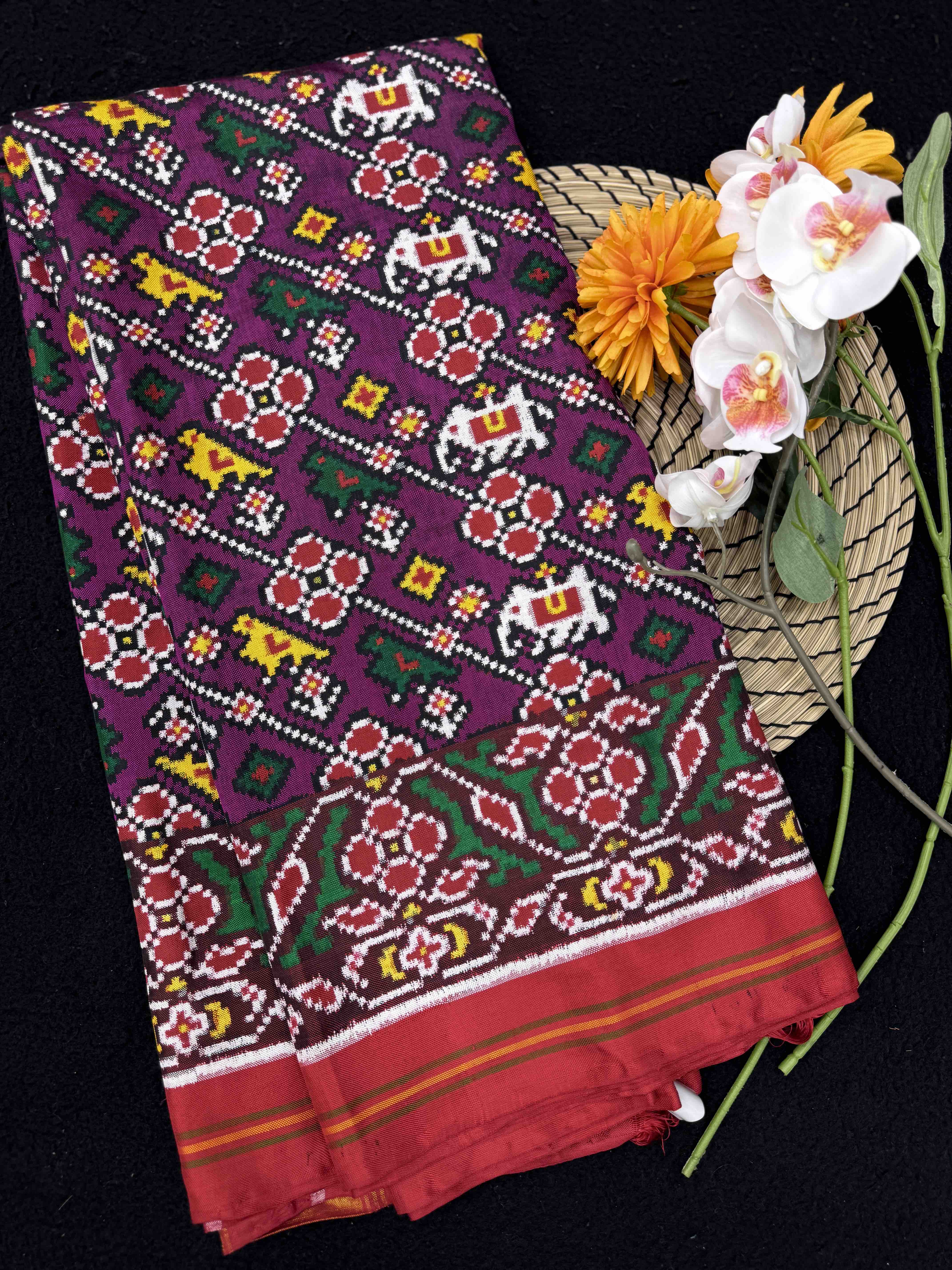 Red & Purple Small Haathi Popat Leheriya Double Ikat Patan Patola Saree