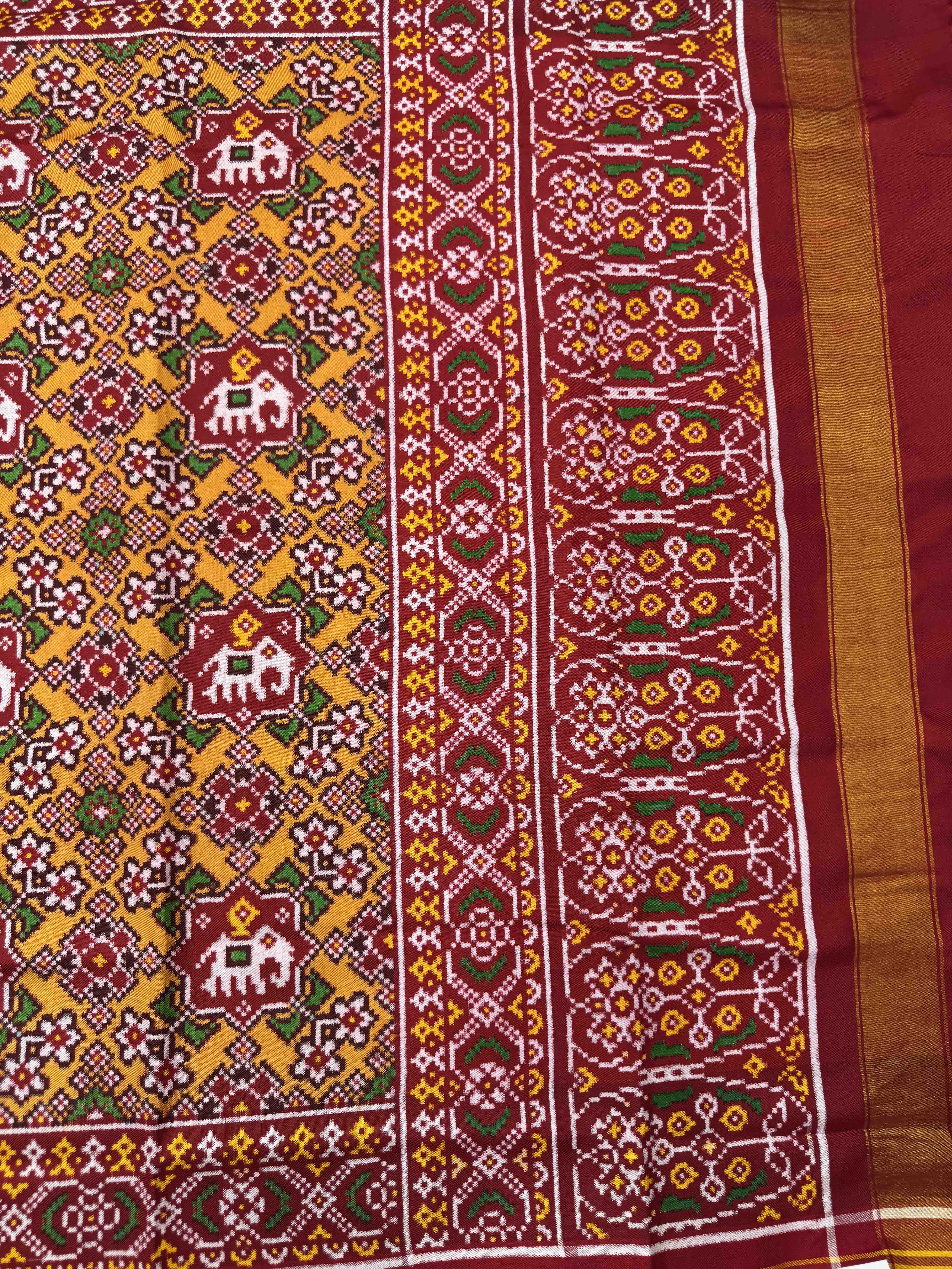 Red & Yellow Navratan Elephant Double Ikat Patan Patola Saree