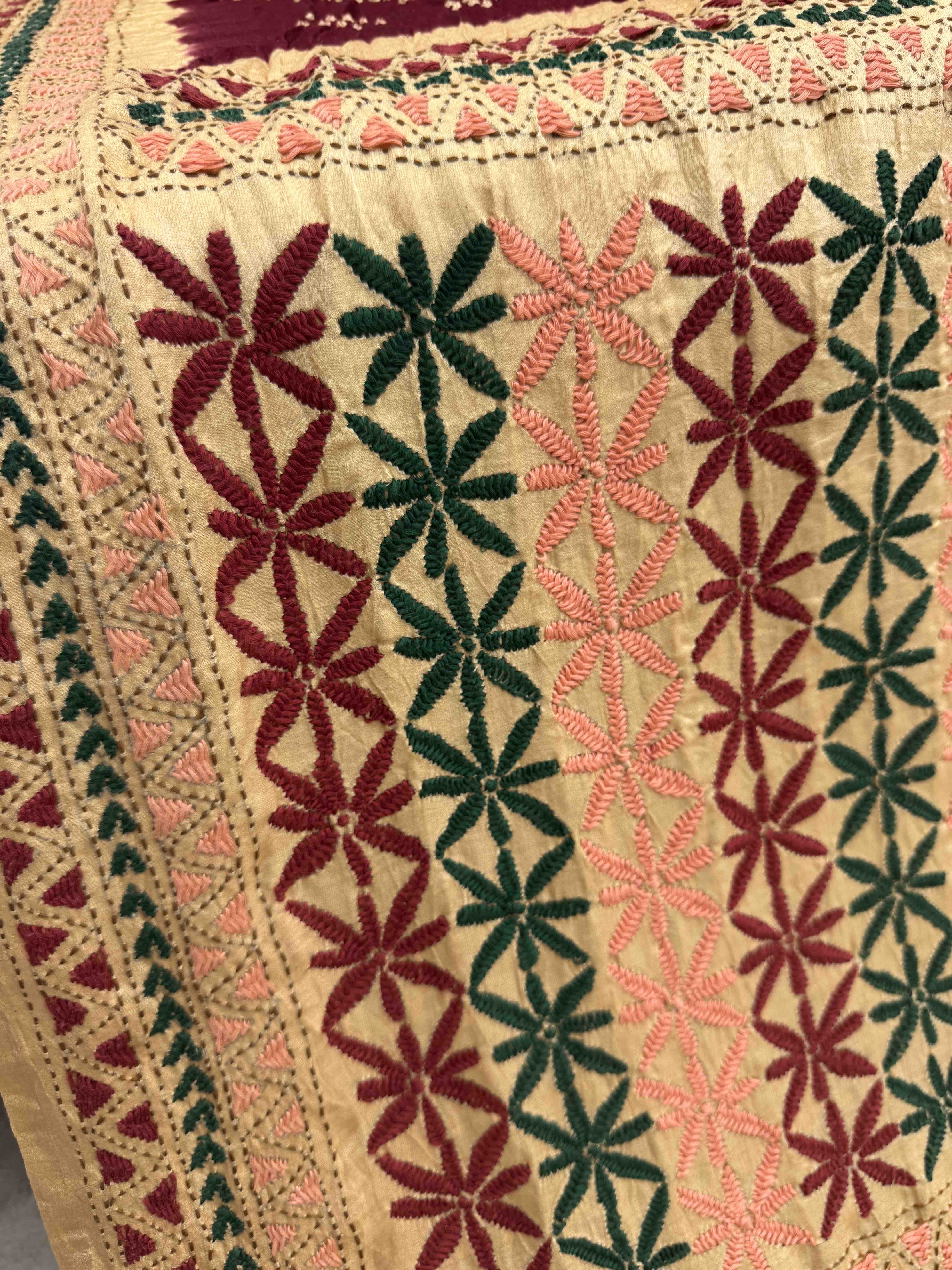 Maroon & Cream Gajji Silk with Kantha Work in Border Pallu Bandhani Saree