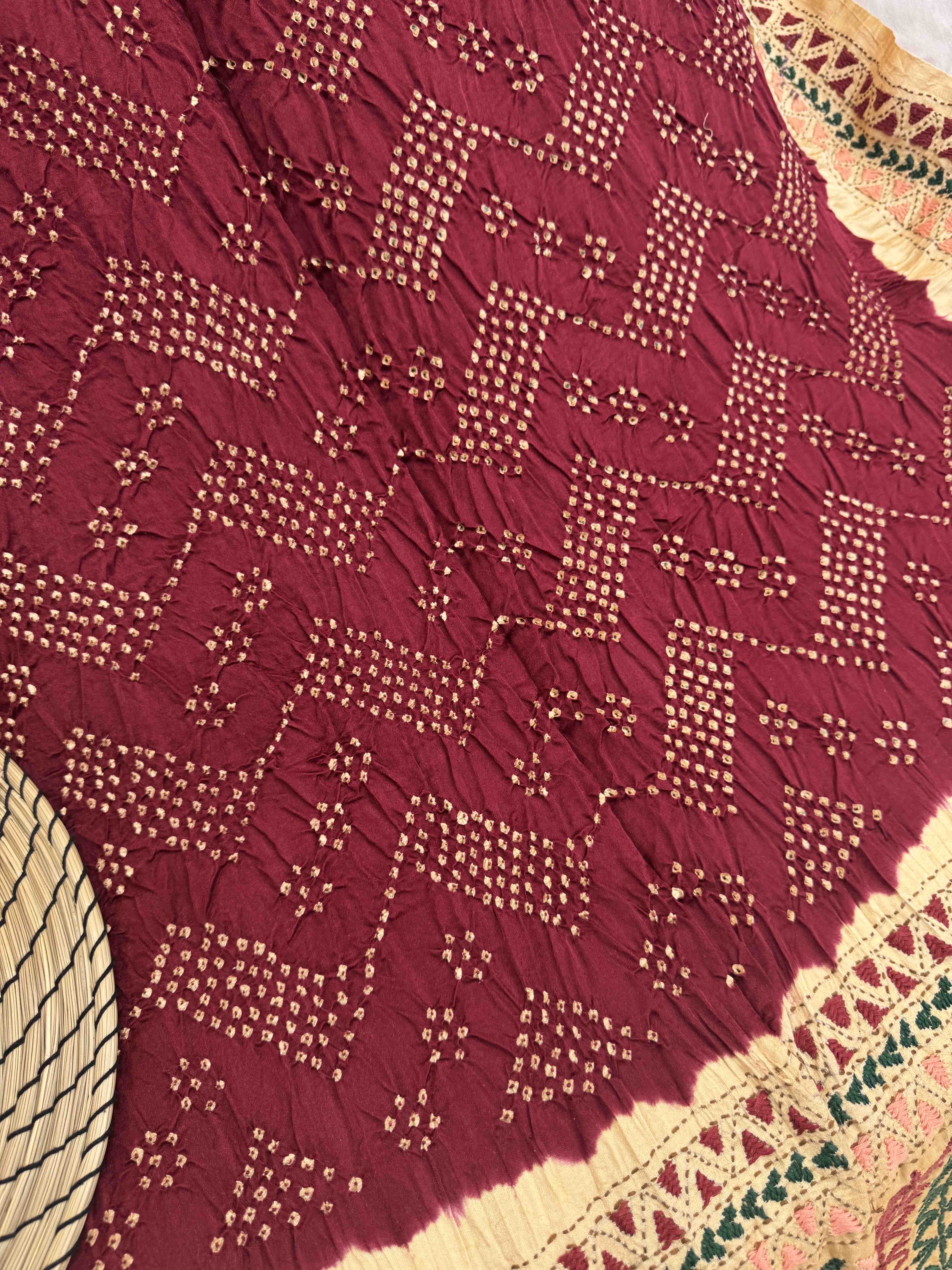 Maroon & Cream Gajji Silk with Kantha Work in Border Pallu Bandhani Saree