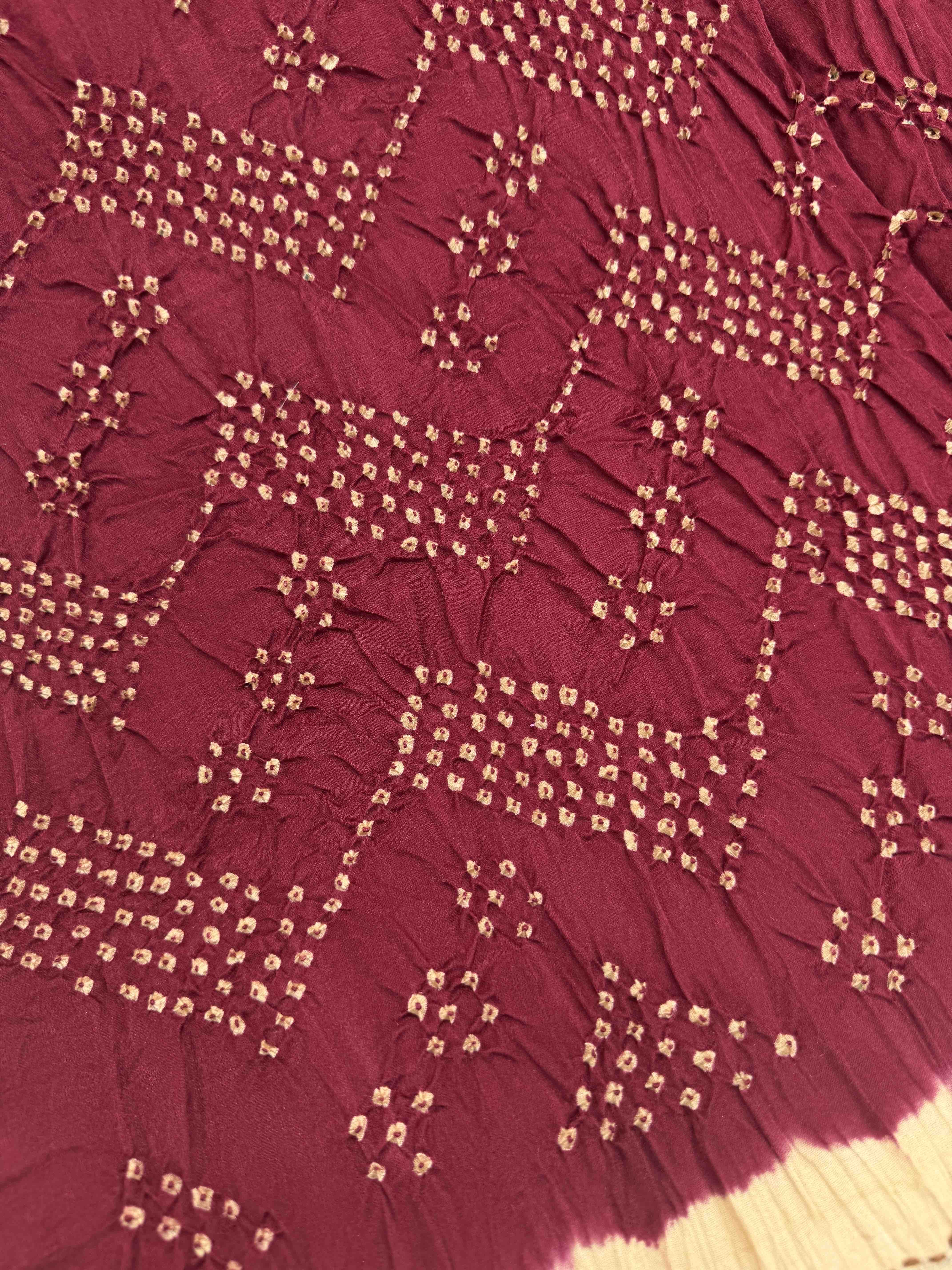 Maroon & Cream Gajji Silk with Kantha Work in Border Pallu Bandhani Saree