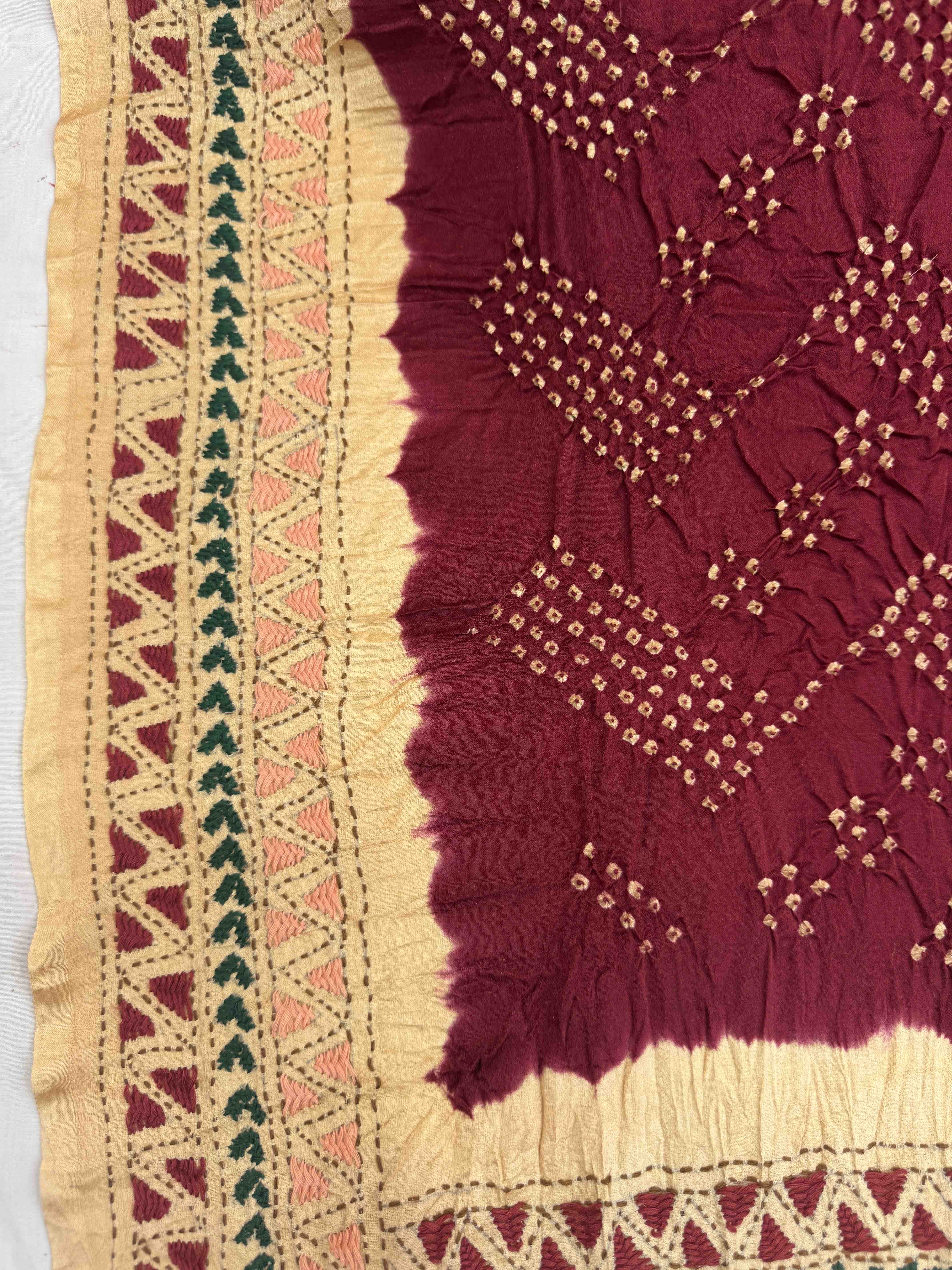 Maroon & Cream Gajji Silk with Kantha Work in Border Pallu Bandhani Saree