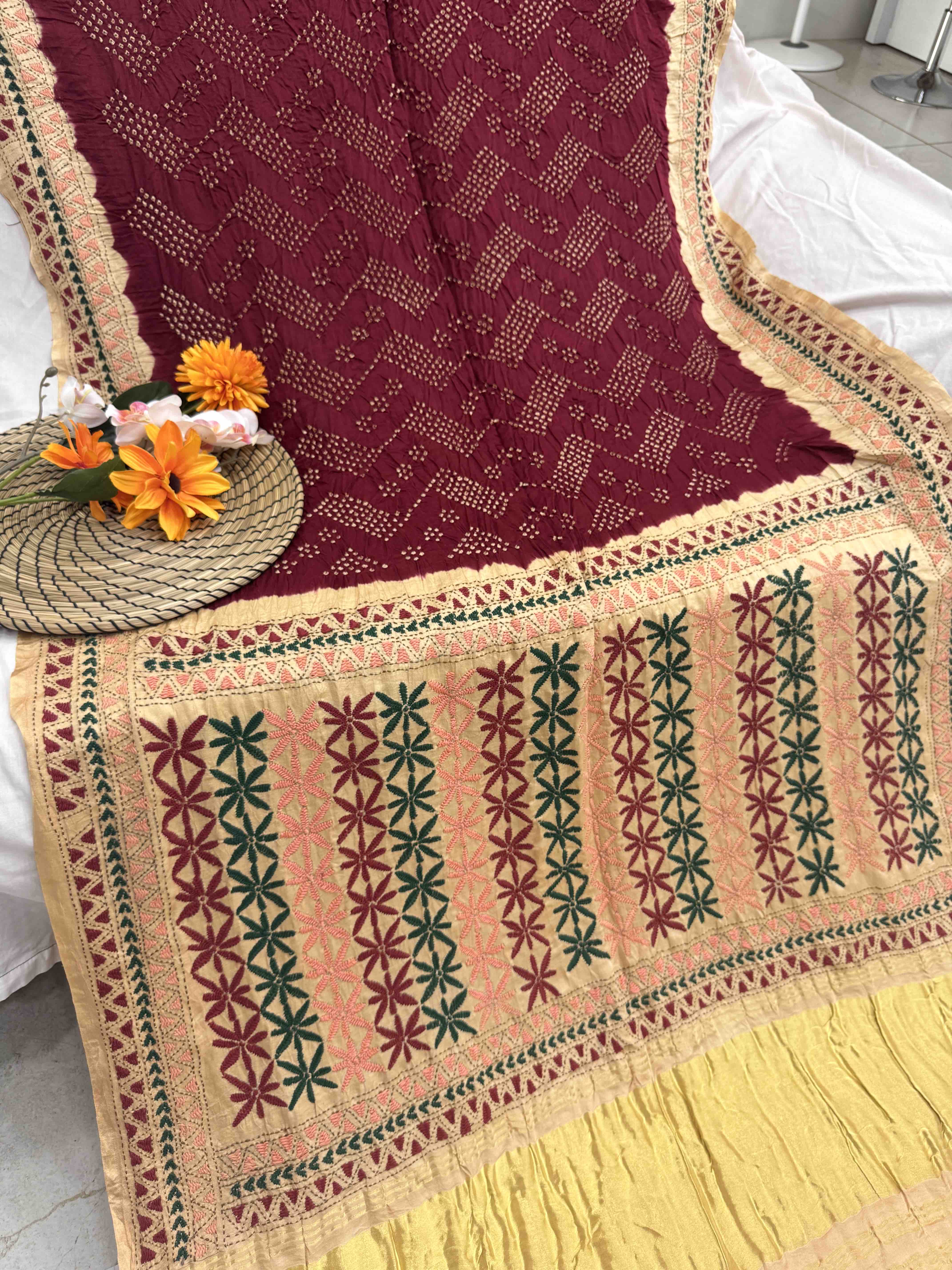 Maroon & Cream Gajji Silk with Kantha Work in Border Pallu Bandhani Saree