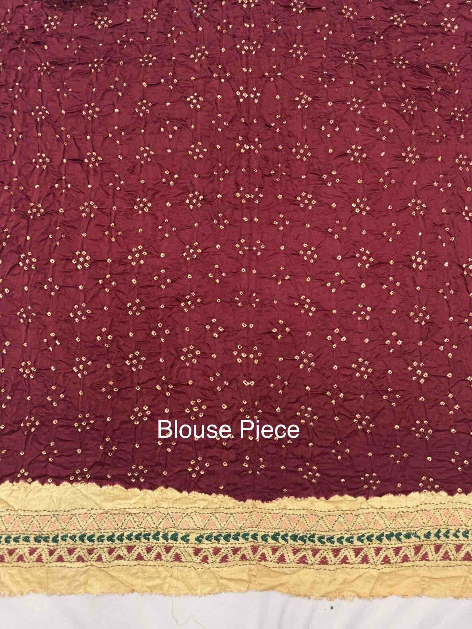 Maroon & Cream Gajji Silk with Kantha Work in Border Pallu Bandhani Saree