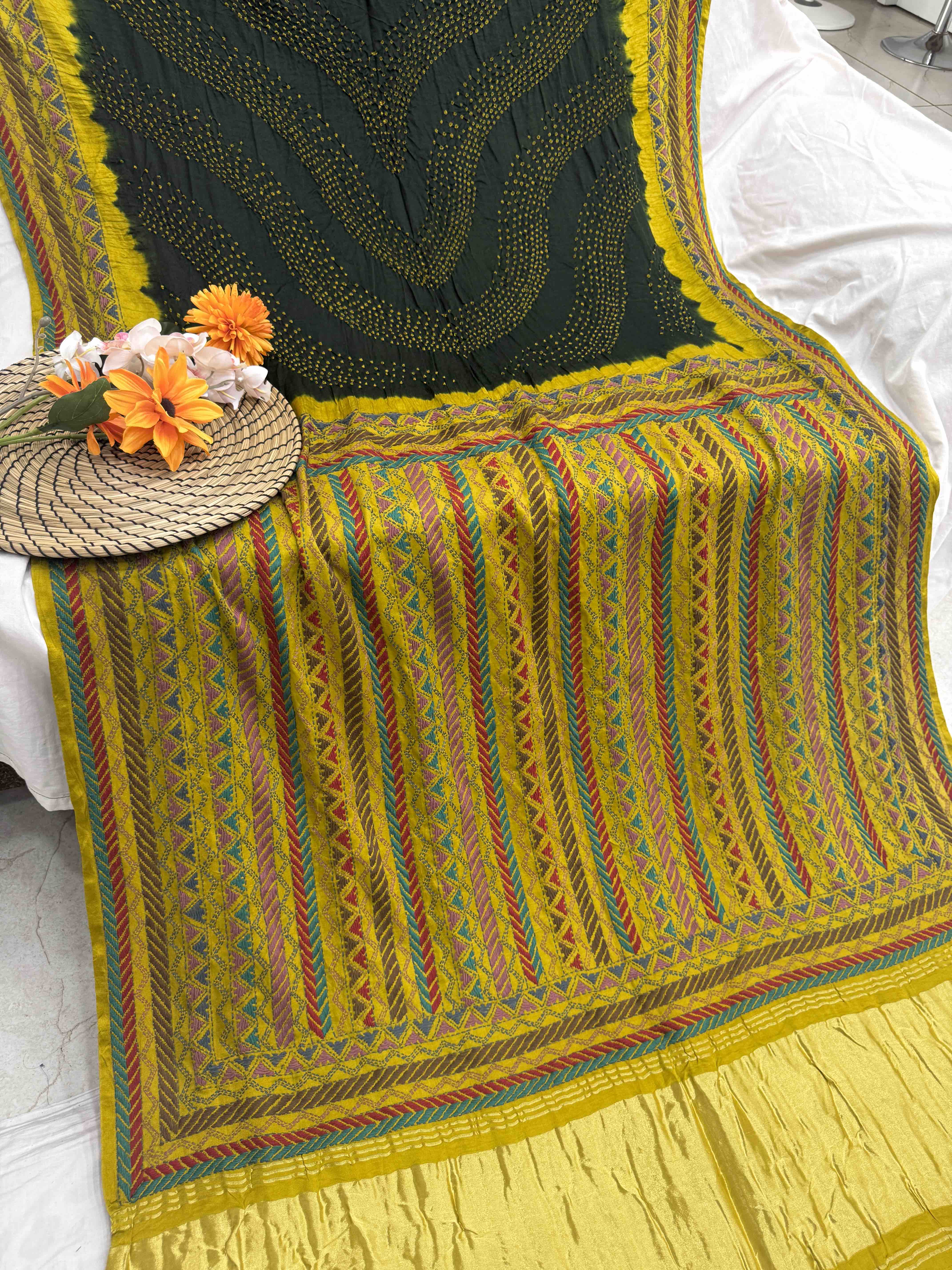 Mustard Yellow & Dark Green Gajji Silk with Kantha Work in Border Pallu Bandhani Saree