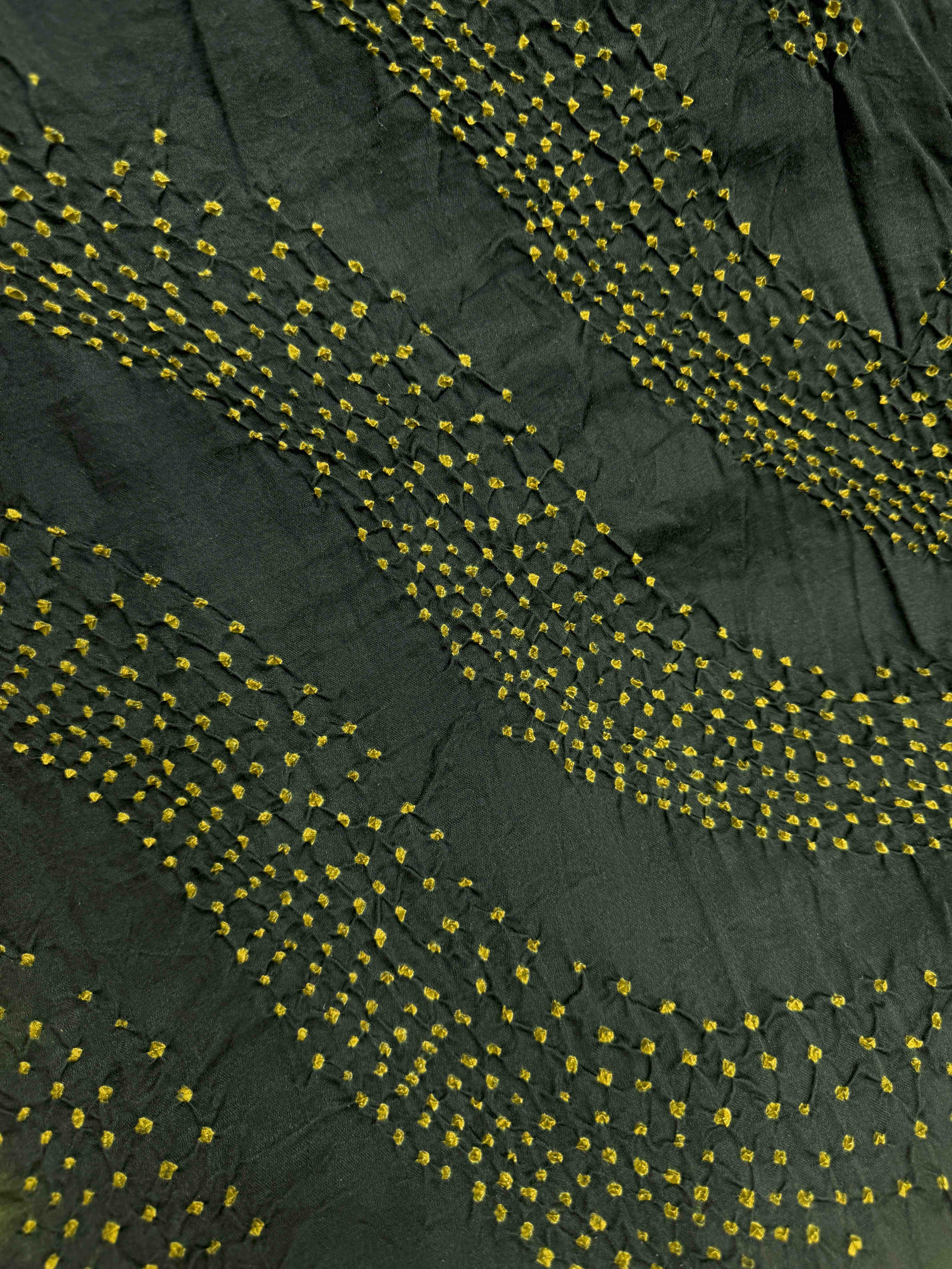 Mustard Yellow & Dark Green Gajji Silk with Kantha Work in Border Pallu Bandhani Saree