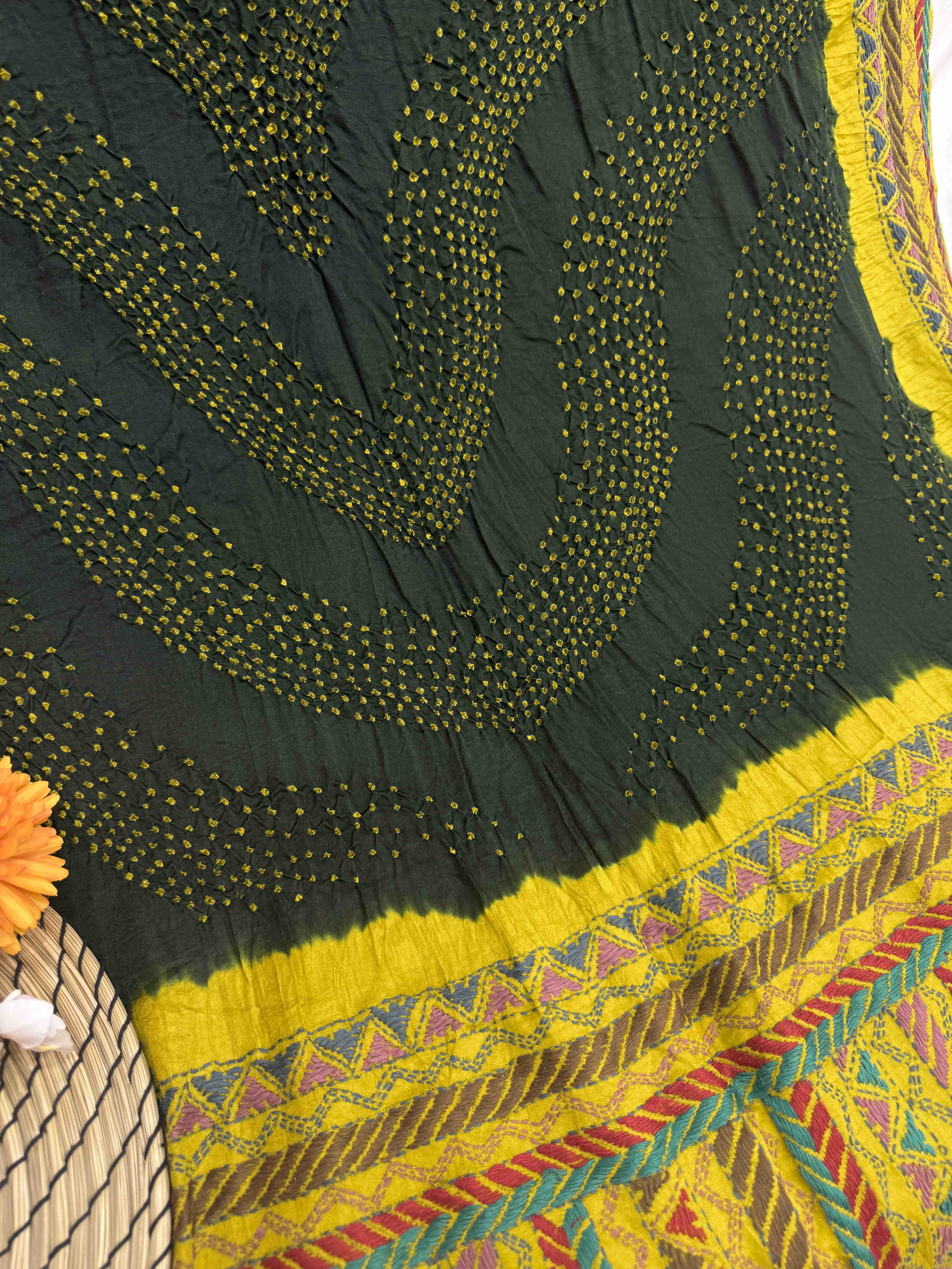 Mustard Yellow & Dark Green Gajji Silk with Kantha Work in Border Pallu Bandhani Saree
