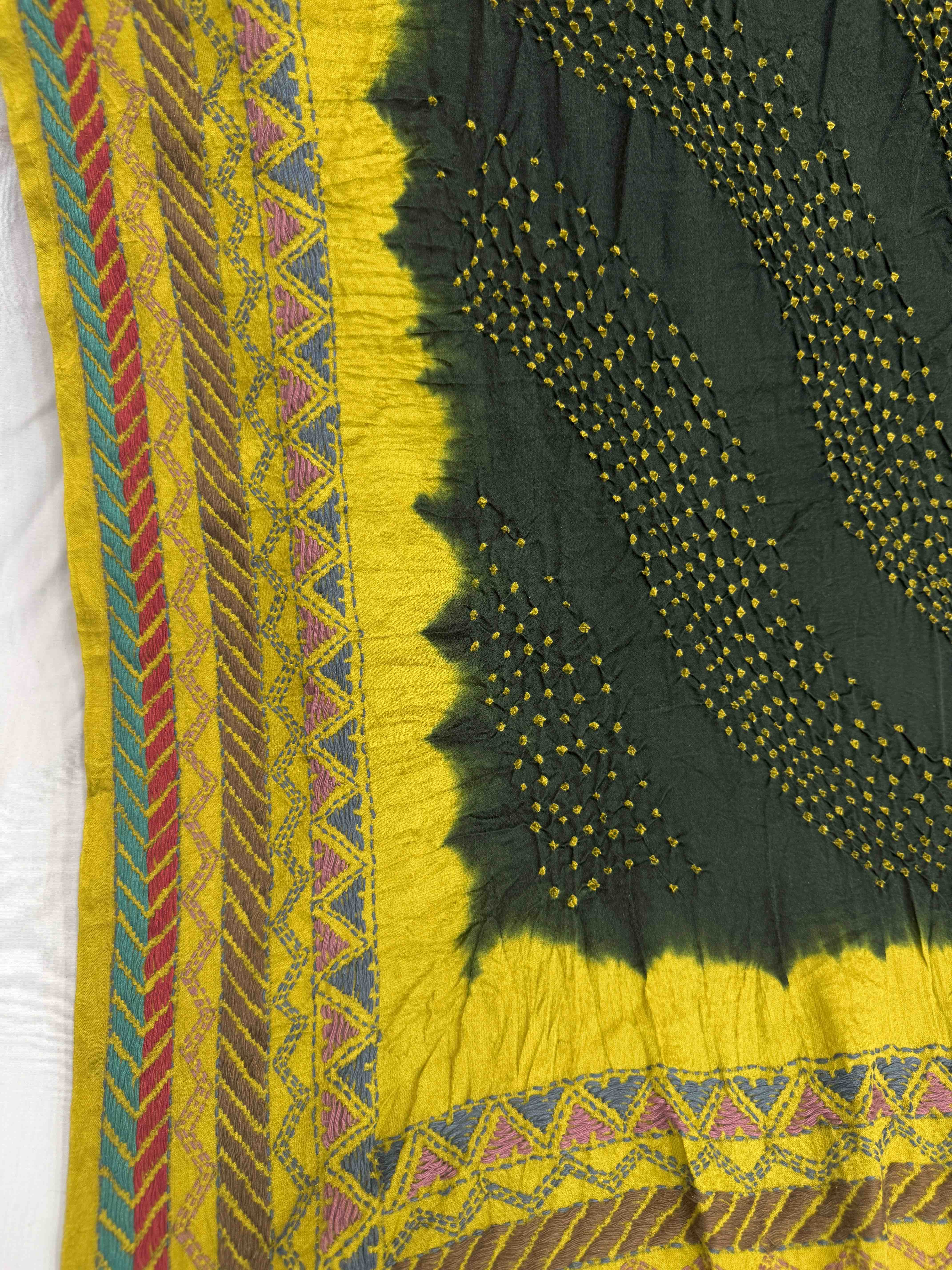 Mustard Yellow & Dark Green Gajji Silk with Kantha Work in Border Pallu Bandhani Saree