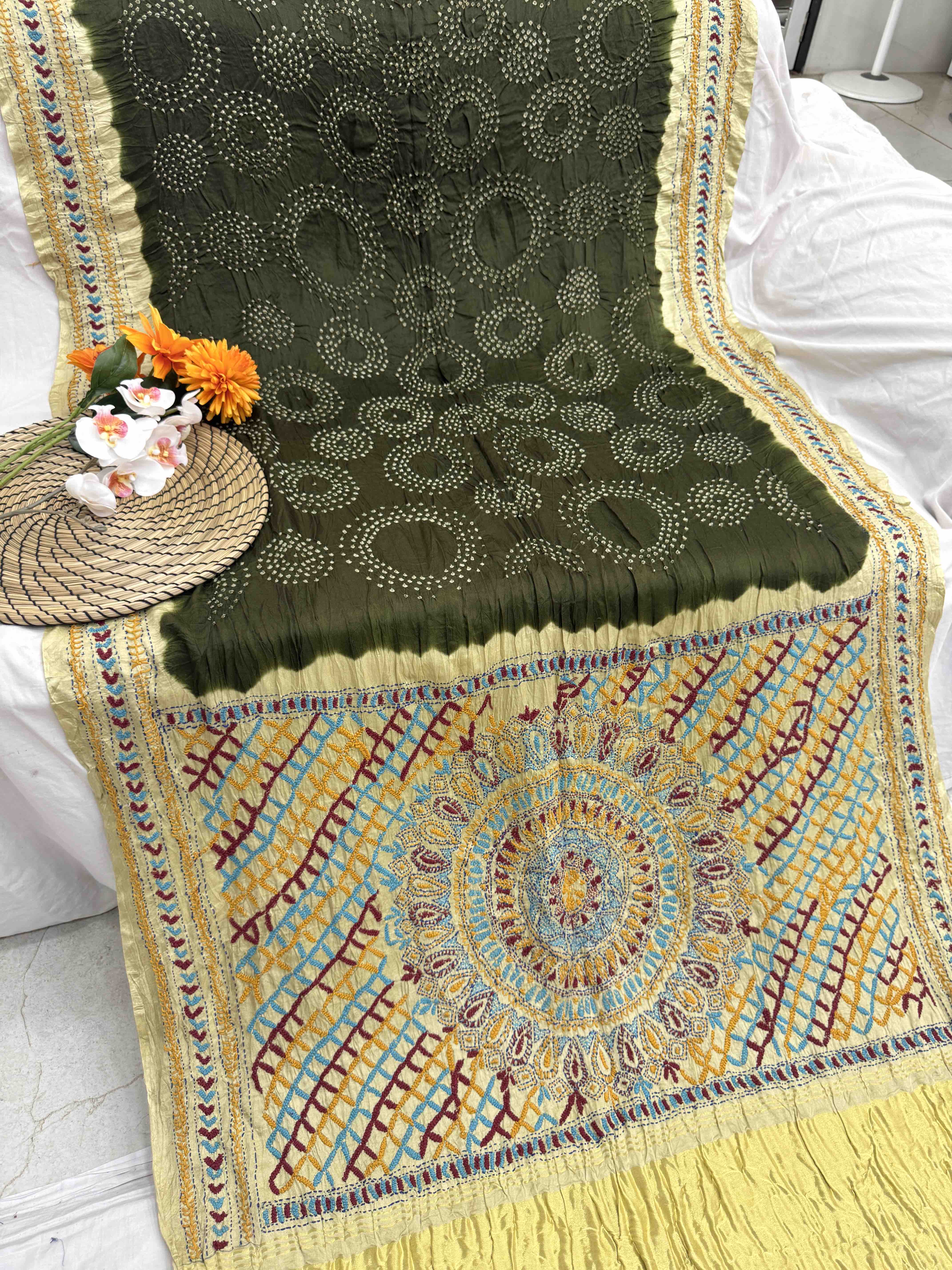 Off White & Mehendi Green Gajji Silk with Kantha Work in Border Pallu Bandhani Saree