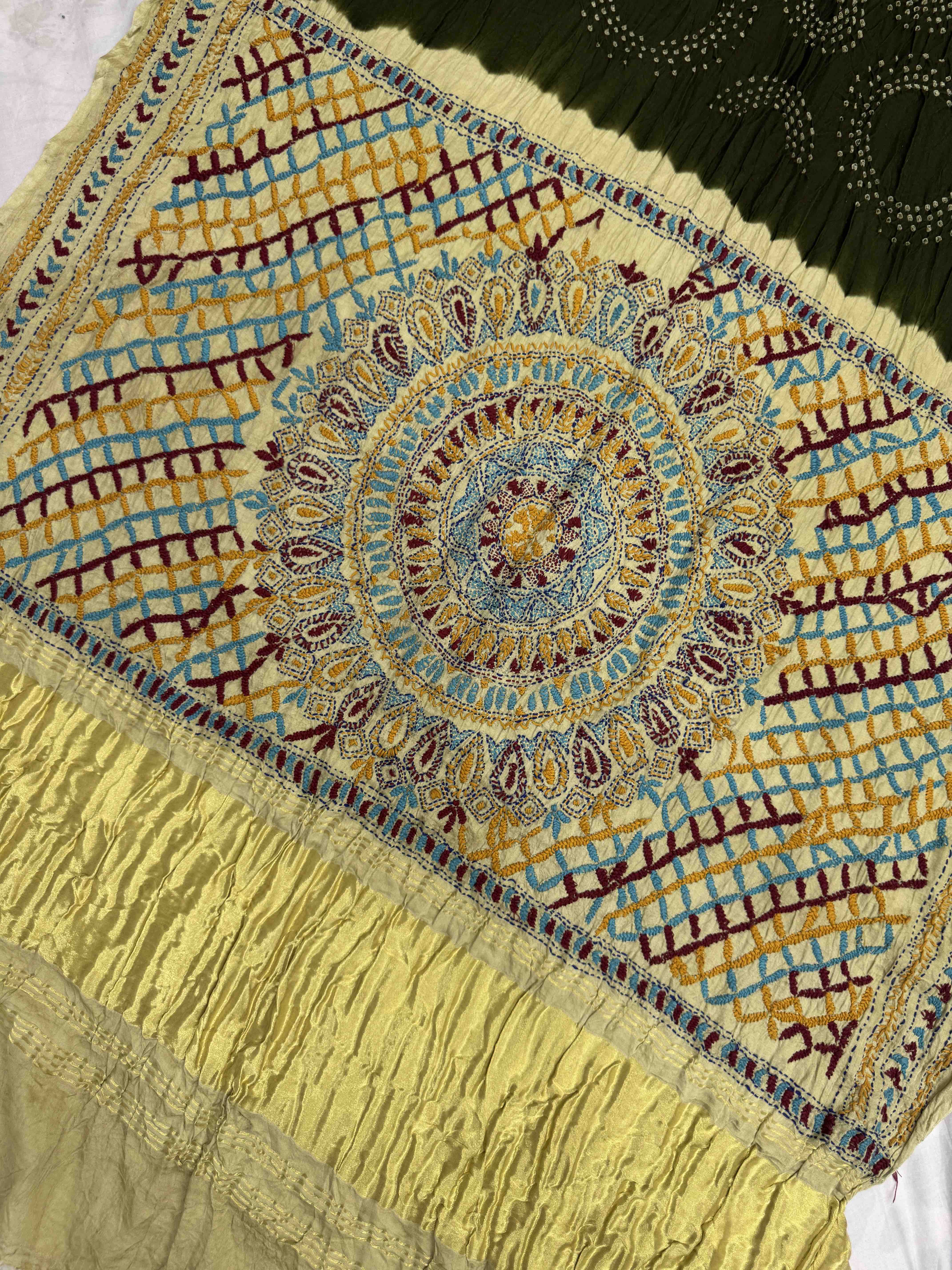 Off White & Mehendi Green Gajji Silk with Kantha Work in Border Pallu Bandhani Saree