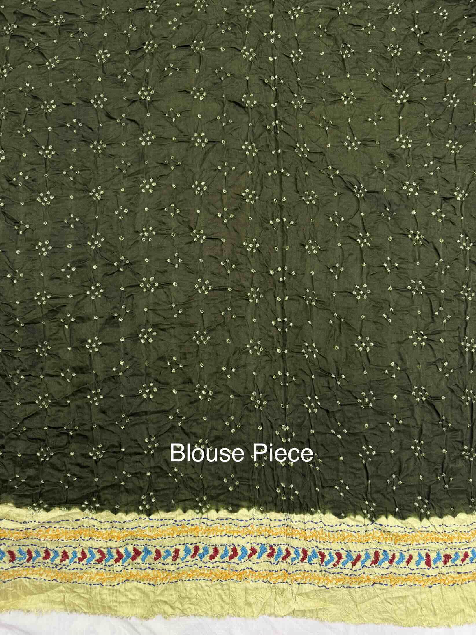 Off White & Mehendi Green Gajji Silk with Kantha Work in Border Pallu Bandhani Saree