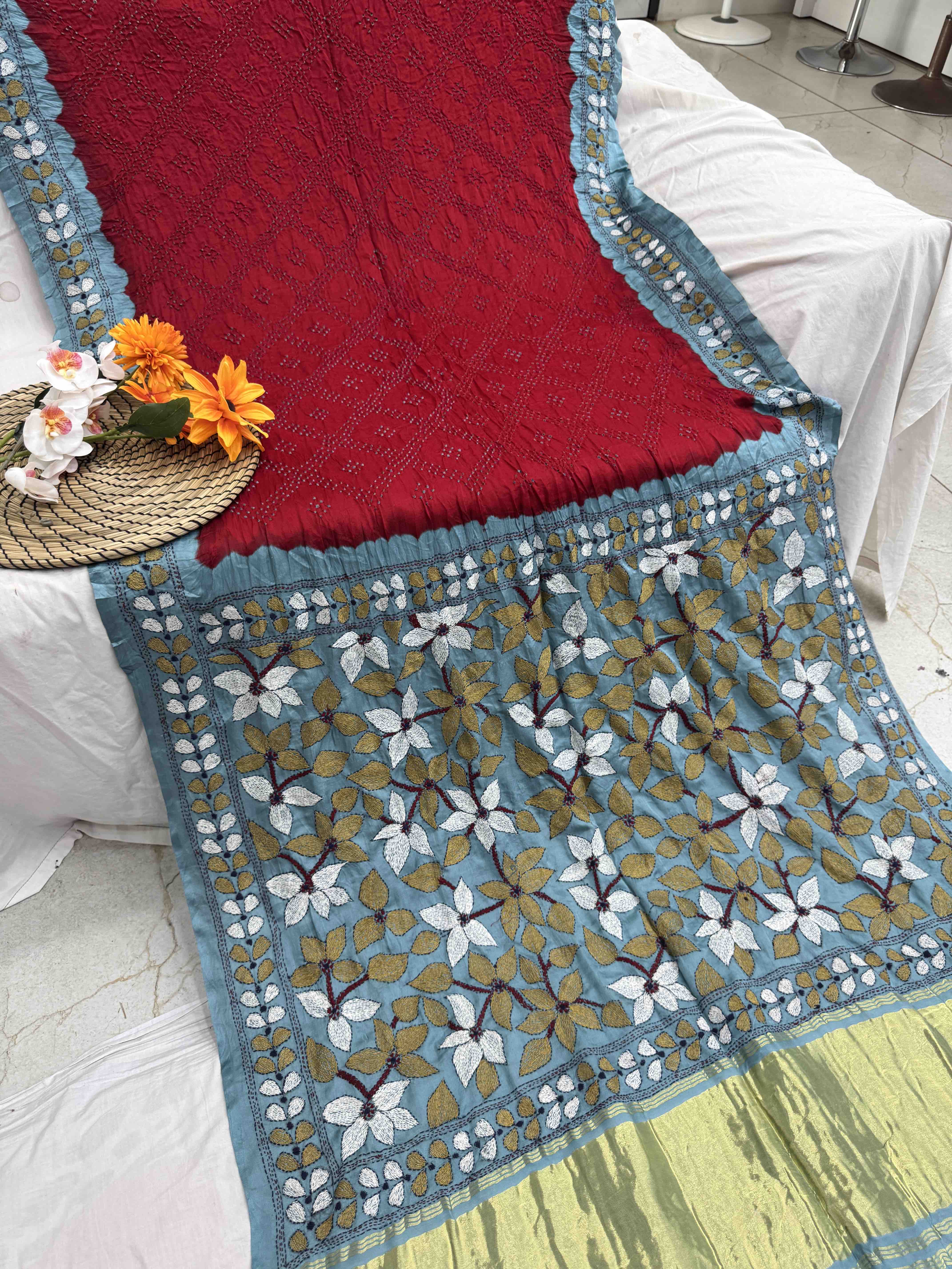 Bluish Grey & Red Gajji Silk with Kantha Work in Border Pallu Bandhani Saree