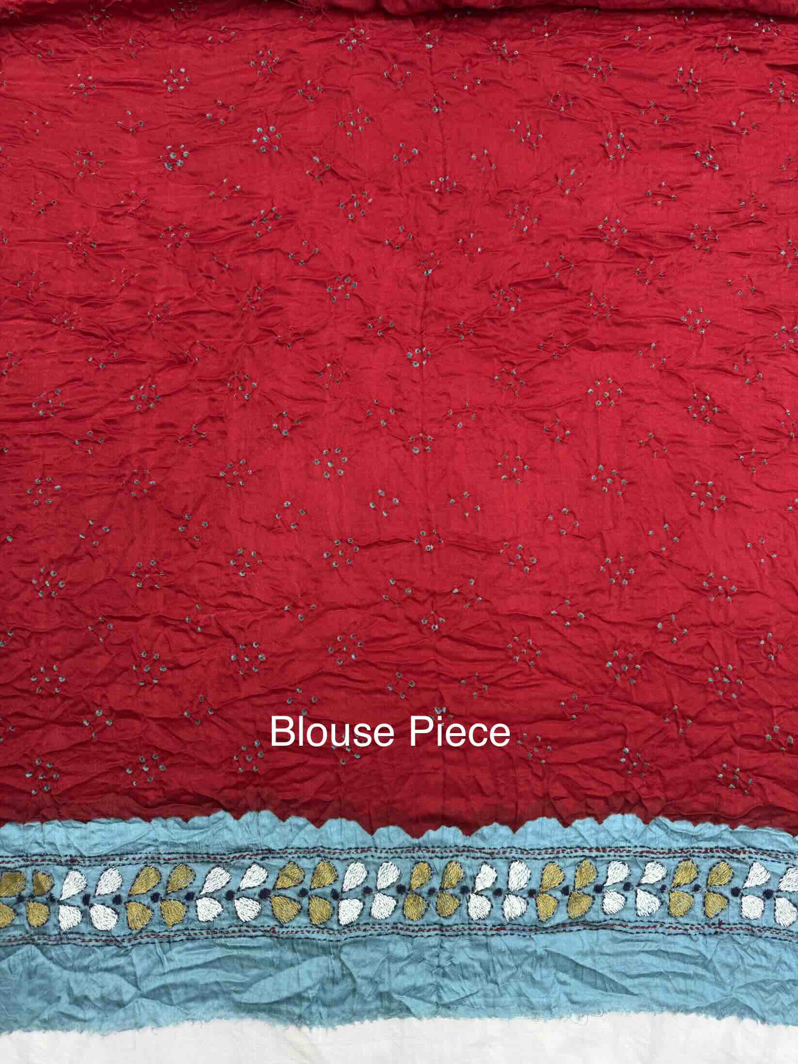 Bluish Grey & Red Gajji Silk with Kantha Work in Border Pallu Bandhani Saree