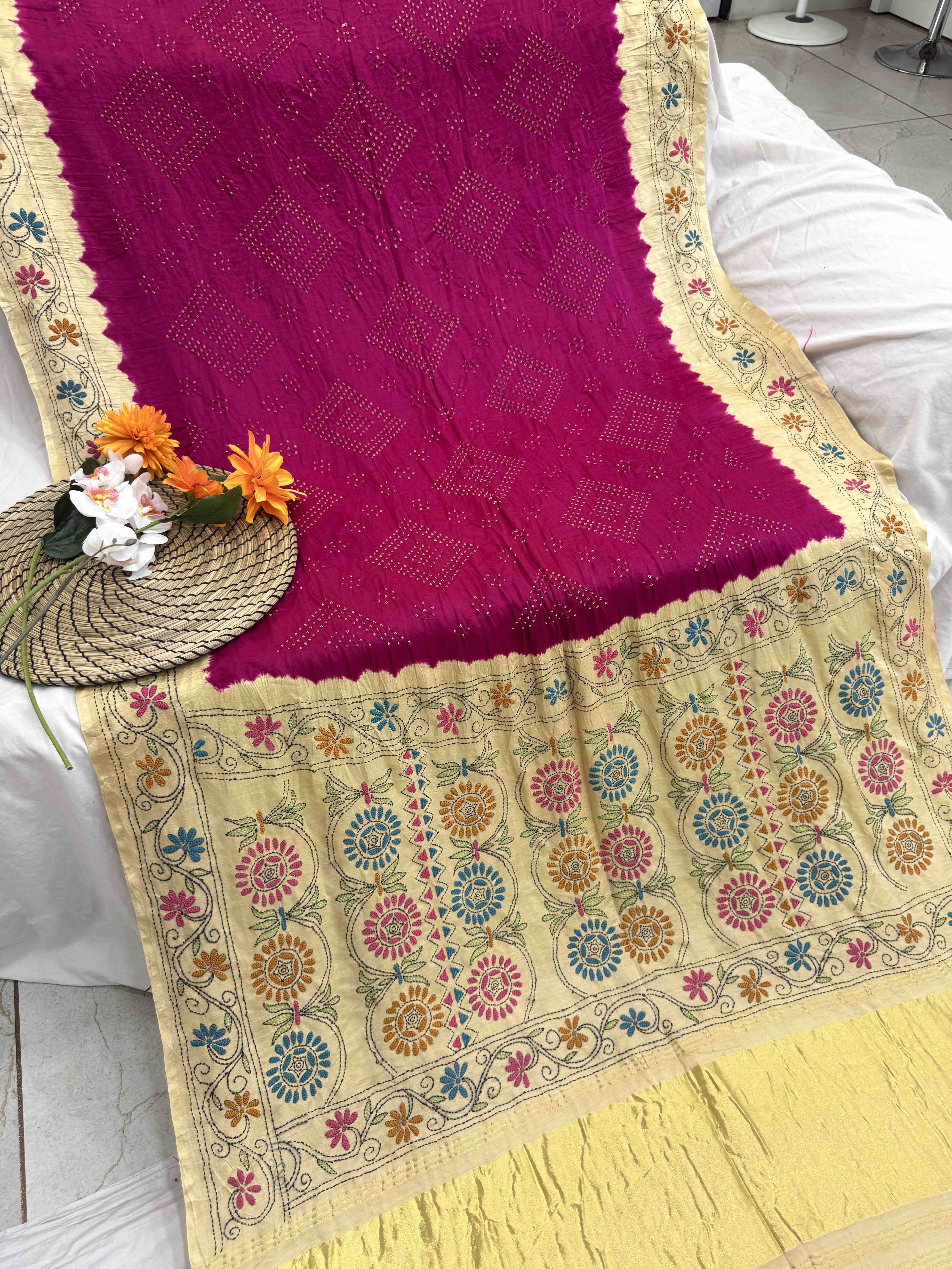Cream & Magenta Gajji Silk with Kantha Work in Border Pallu Bandhani Saree